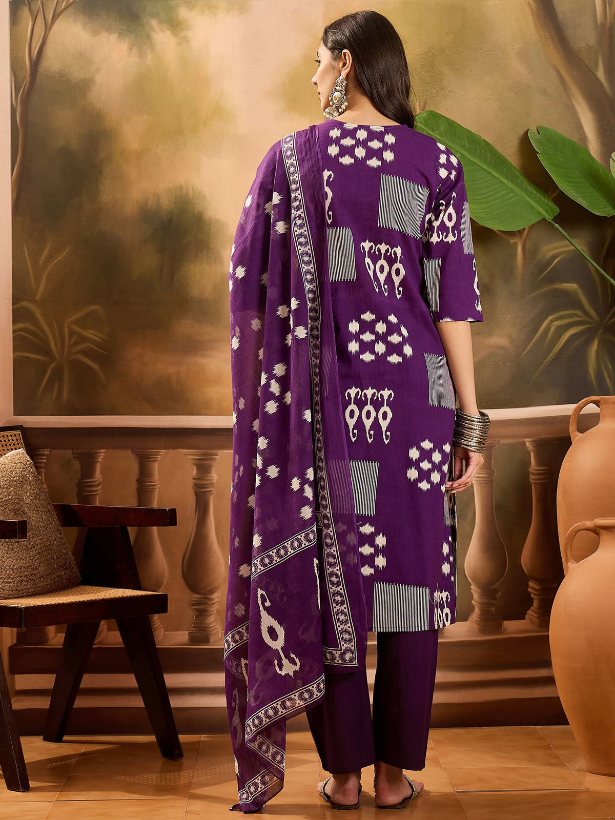 Women's Purple Geometric Print Pure Cotton Straight Kurta & Trousers With Dupatta Set