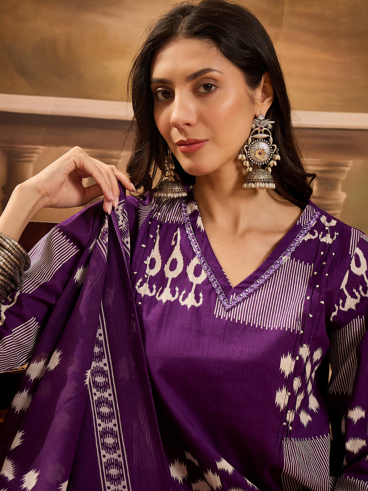 Women's Purple Geometric Print Pure Cotton Straight Kurta & Trousers With Dupatta Set