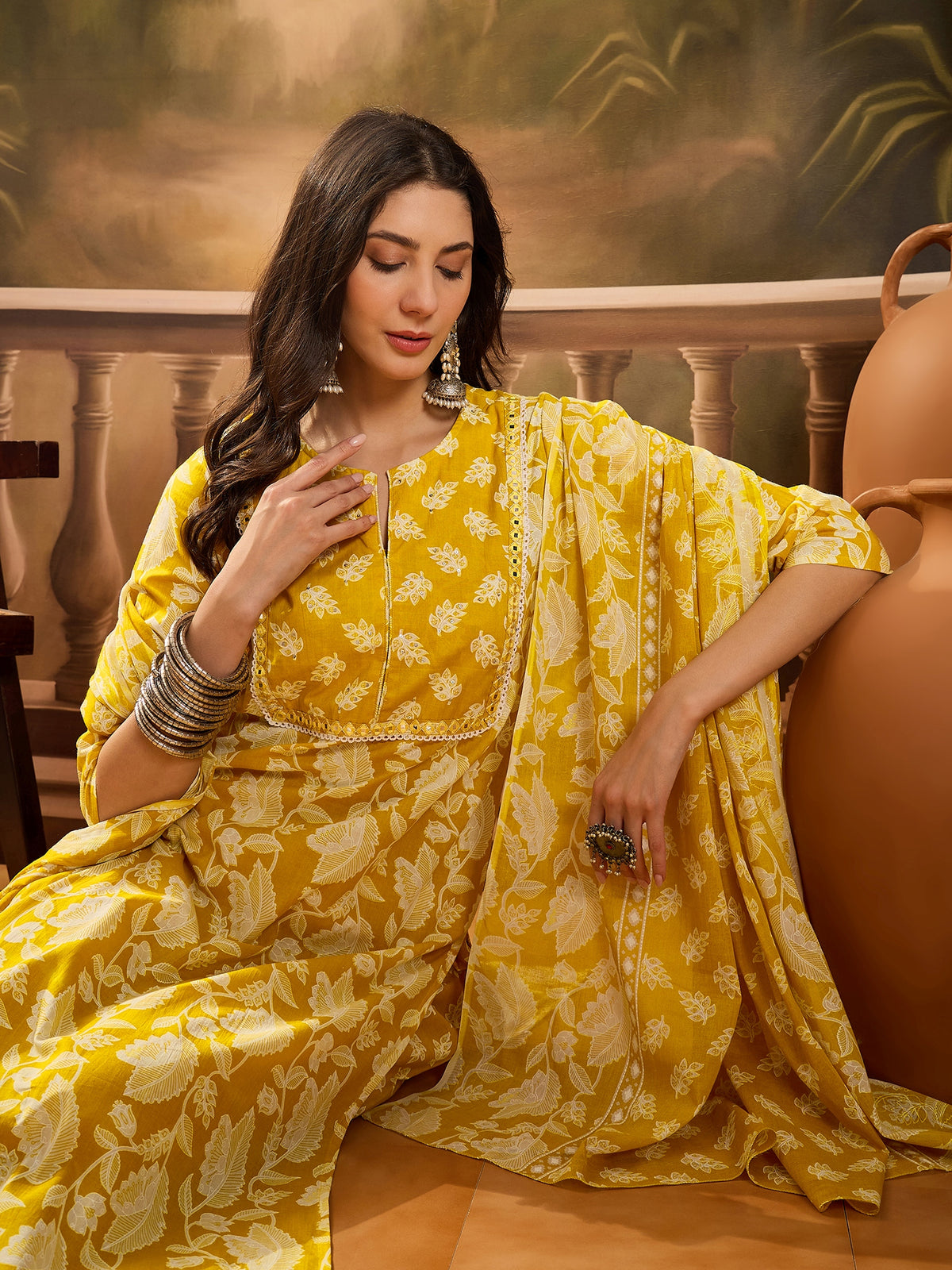 Women's Black Ethnic Motifs Embroidered Pure Cotton Straight Kurta & Trousers With Dupatta Set