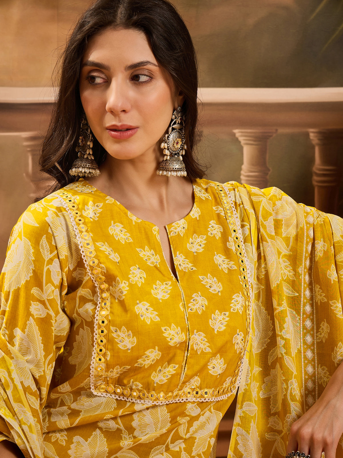 Women's Black Ethnic Motifs Embroidered Pure Cotton Straight Kurta & Trousers With Dupatta Set