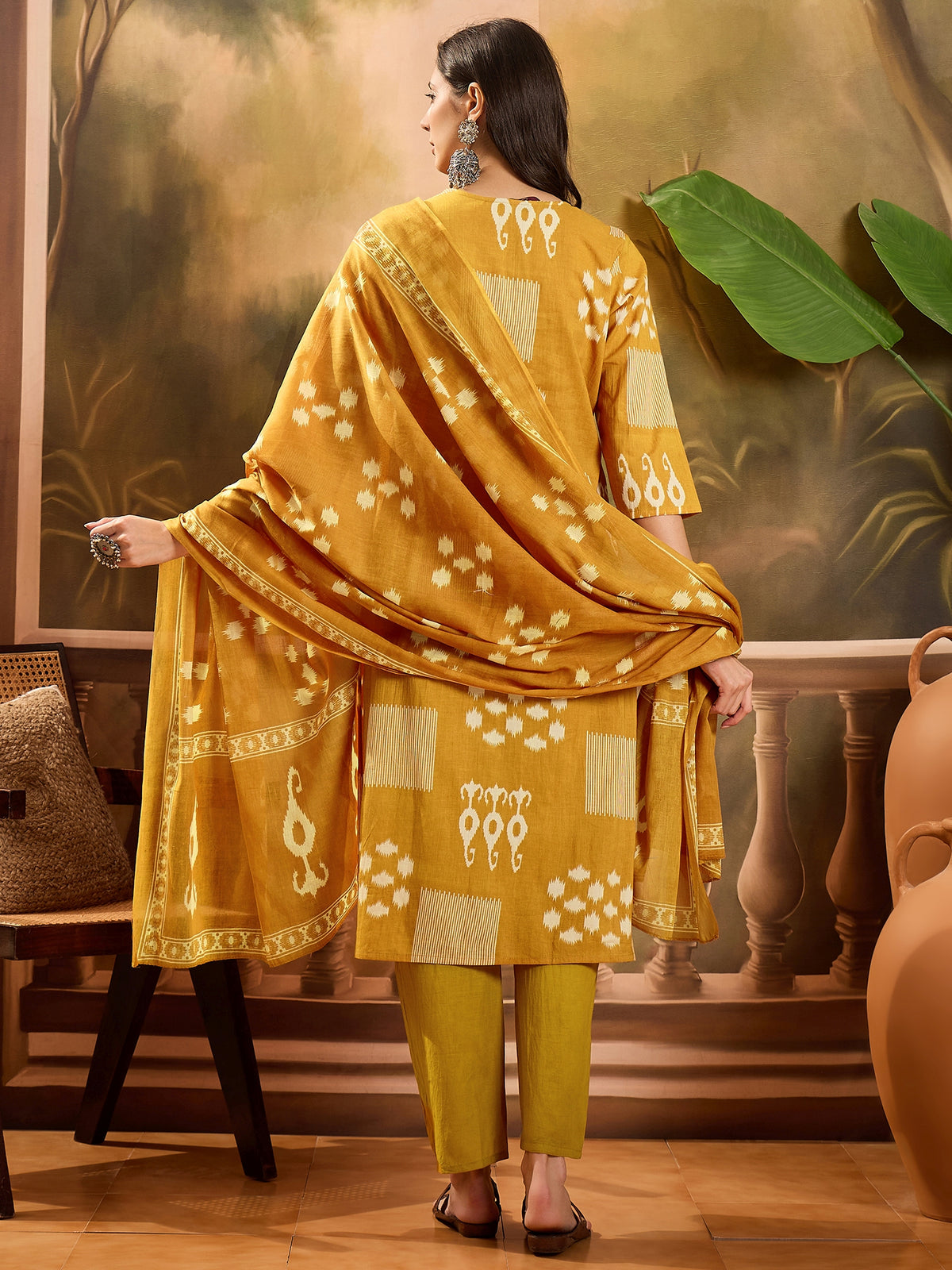 Women's Mustard Yellow Geometric Print Pure Cotton Straight Kurta & Trousers With Dupatta Set