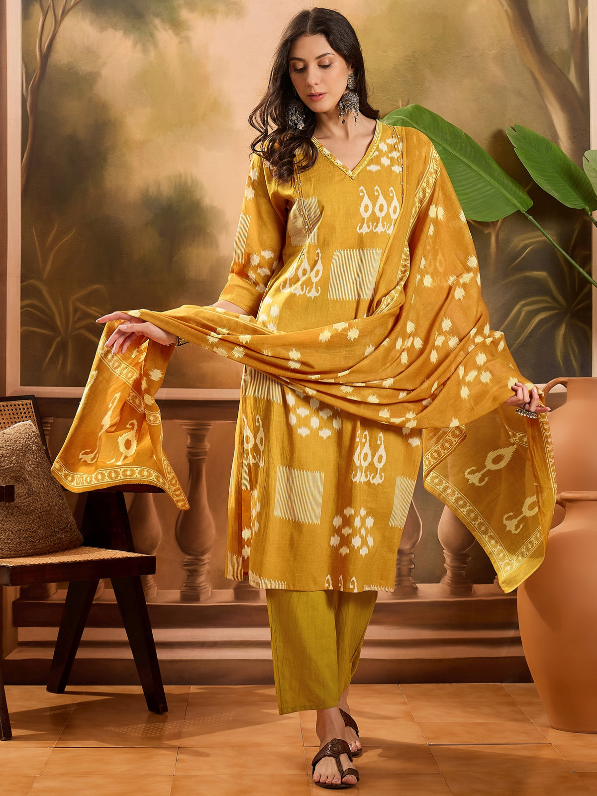 Women's Mustard Yellow Geometric Print Pure Cotton Straight Kurta & Trousers With Dupatta Set