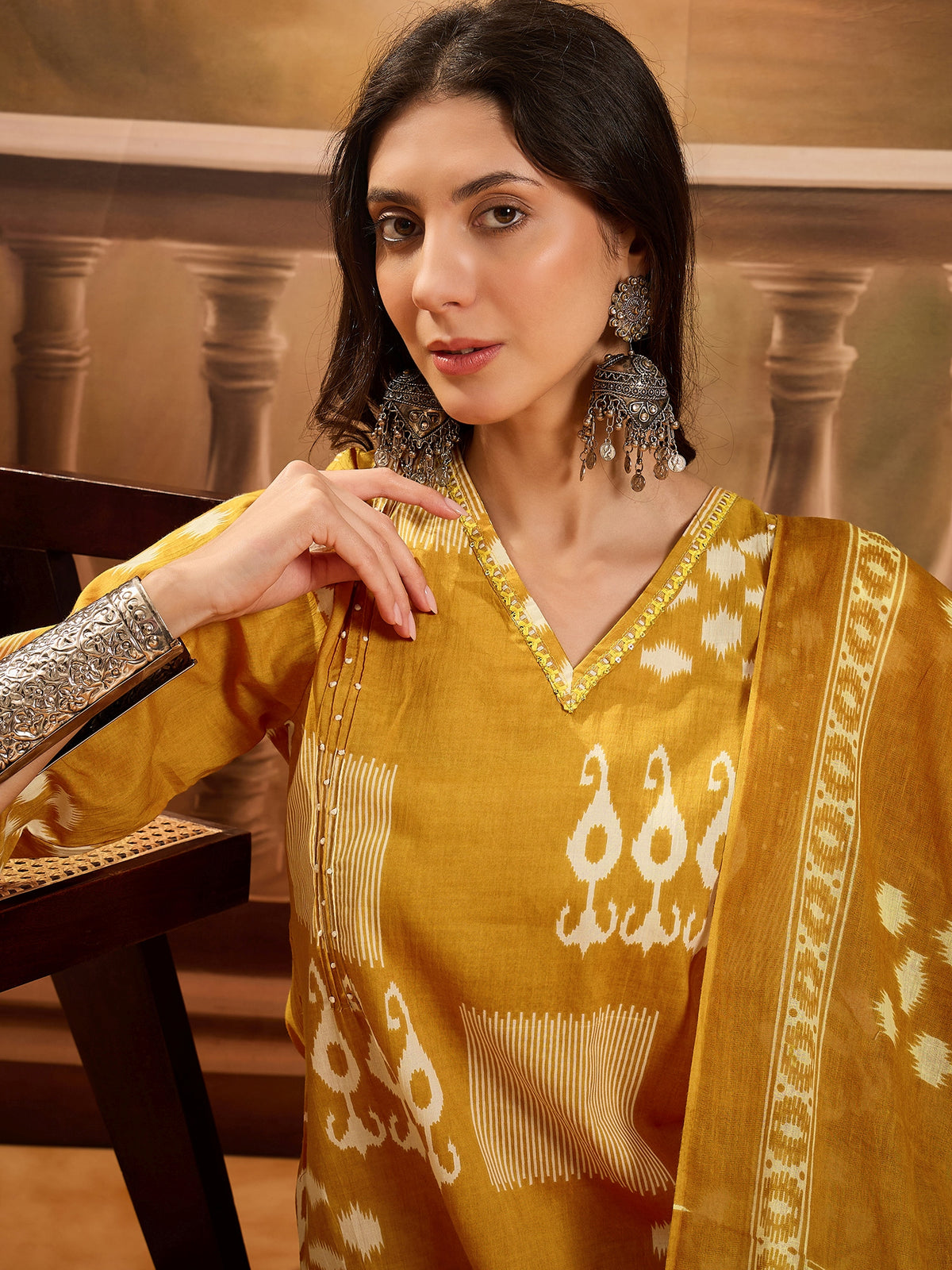 Women's Mustard Yellow Geometric Print Pure Cotton Straight Kurta & Trousers With Dupatta Set