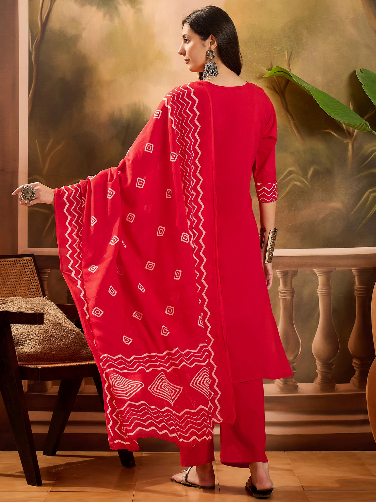 Women's Red Geometric Print Pure Cotton Straight Kurta & Trousers With Dupatta Set