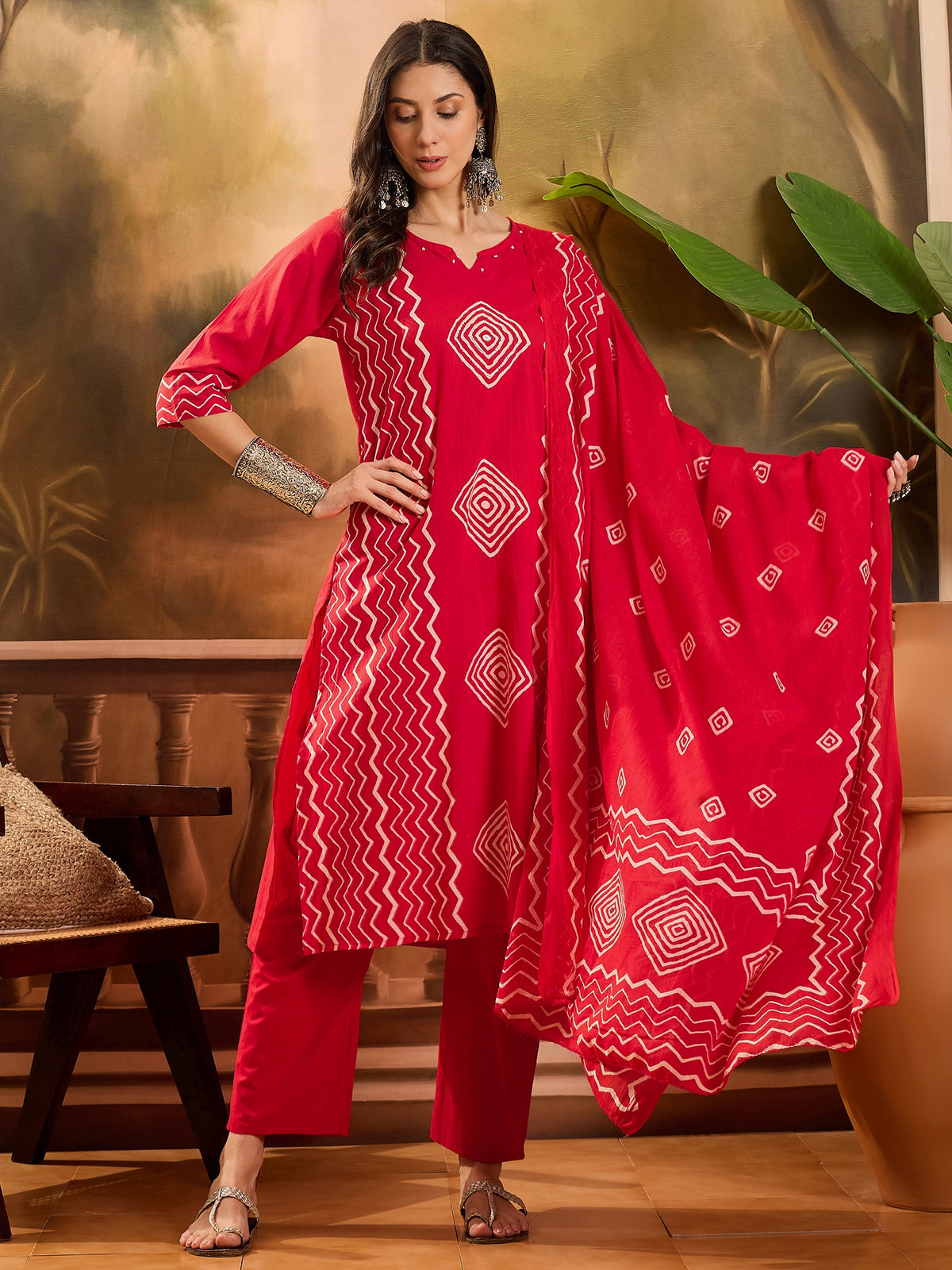 Women's Red Geometric Print Pure Cotton Straight Kurta & Trousers With Dupatta Set