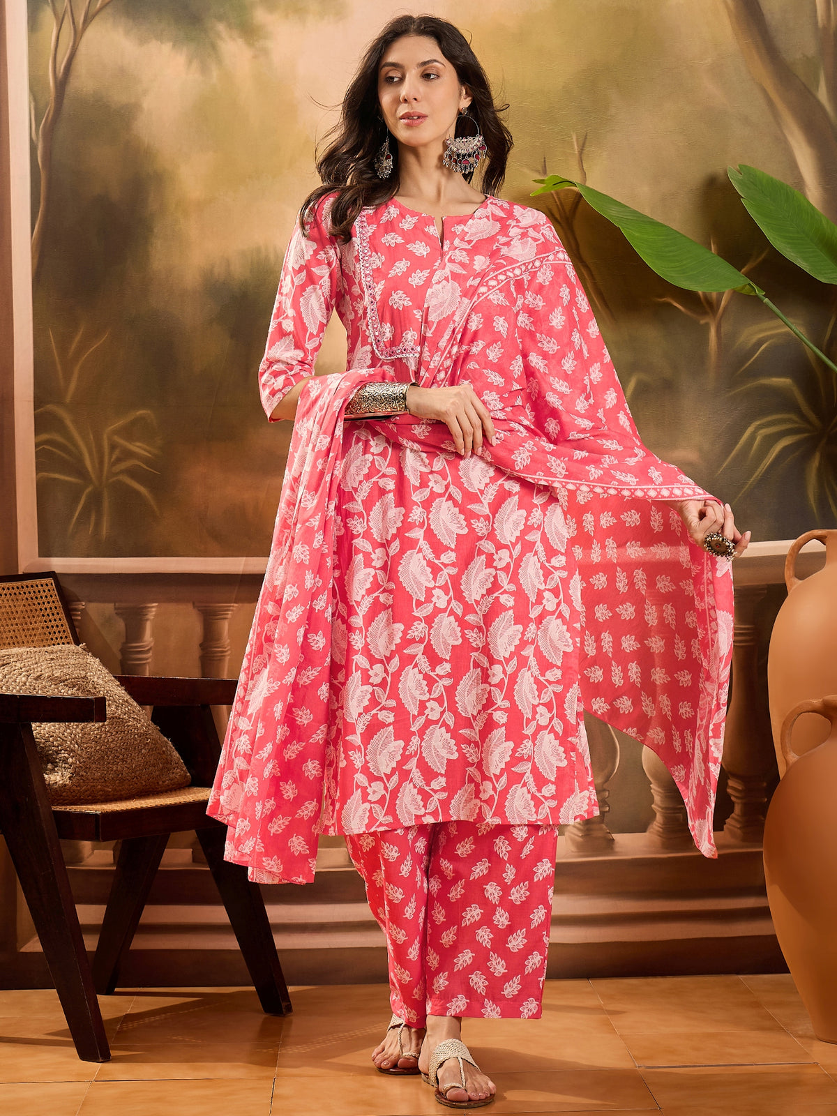 Women's Purple Ethnic Motifs Embroidered Pure Cotton Straight Kurta & Trousers With Dupatta Set