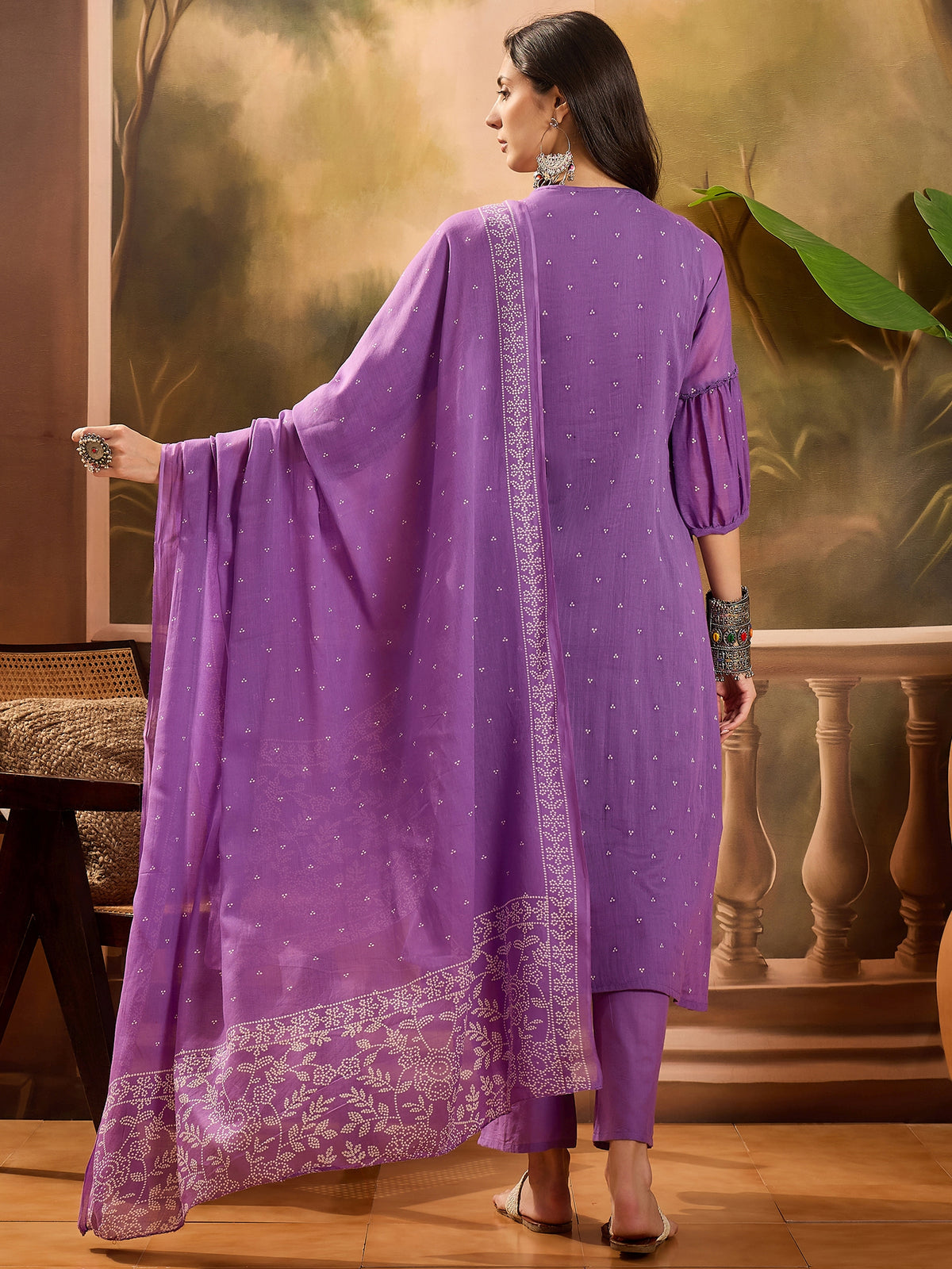 Women's Violet Embroidered Pure Cotton Anarkali Kurta & Trousers With Dupatta Set