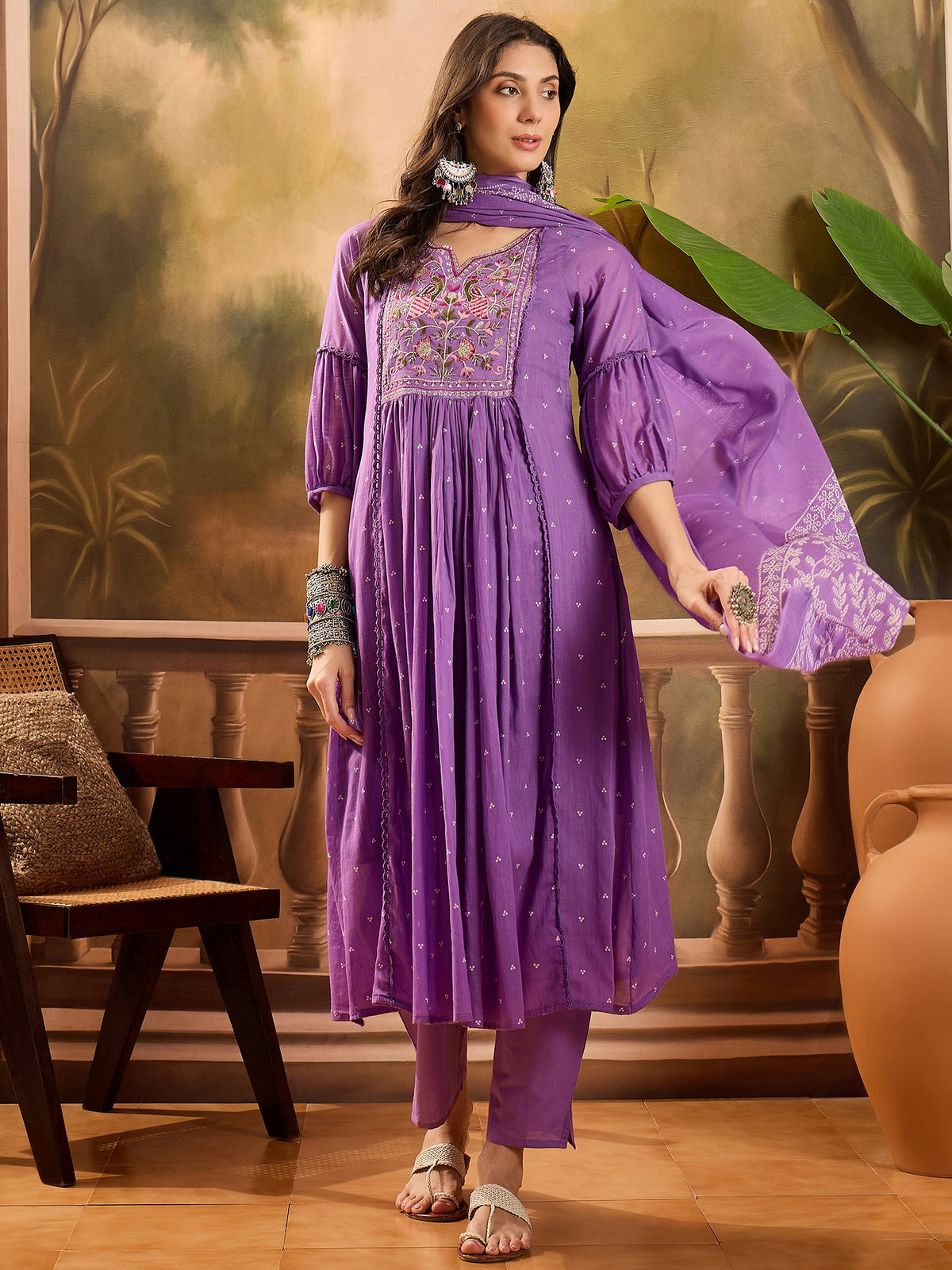 Women's Violet Embroidered Pure Cotton Anarkali Kurta & Trousers With Dupatta Set