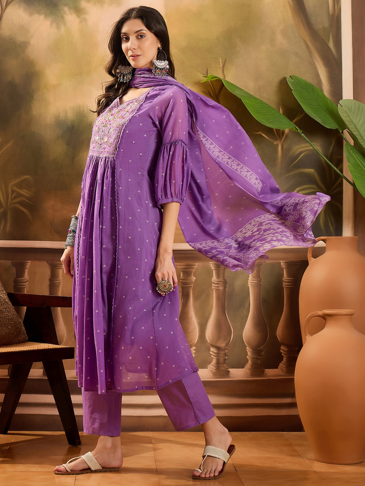 Women's Violet Embroidered Pure Cotton Anarkali Kurta & Trousers With Dupatta Set