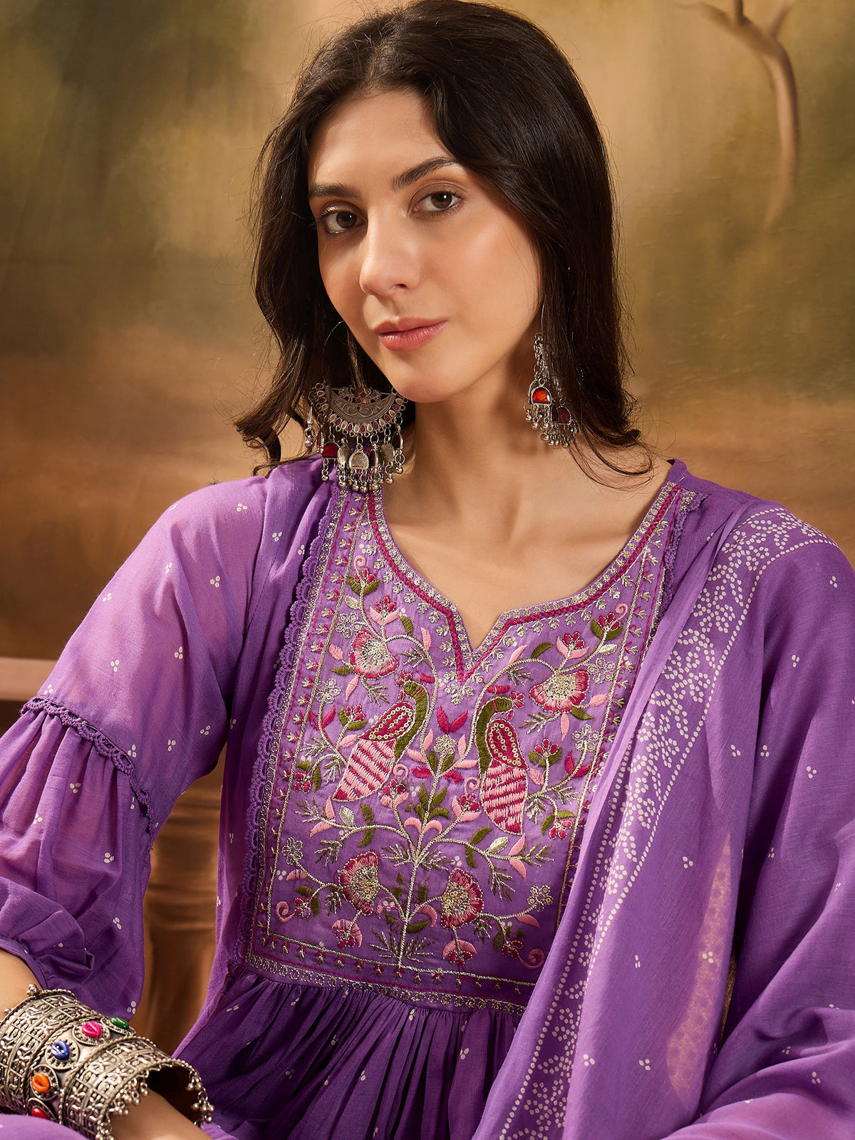 Women's Violet Embroidered Pure Cotton Anarkali Kurta & Trousers With Dupatta Set