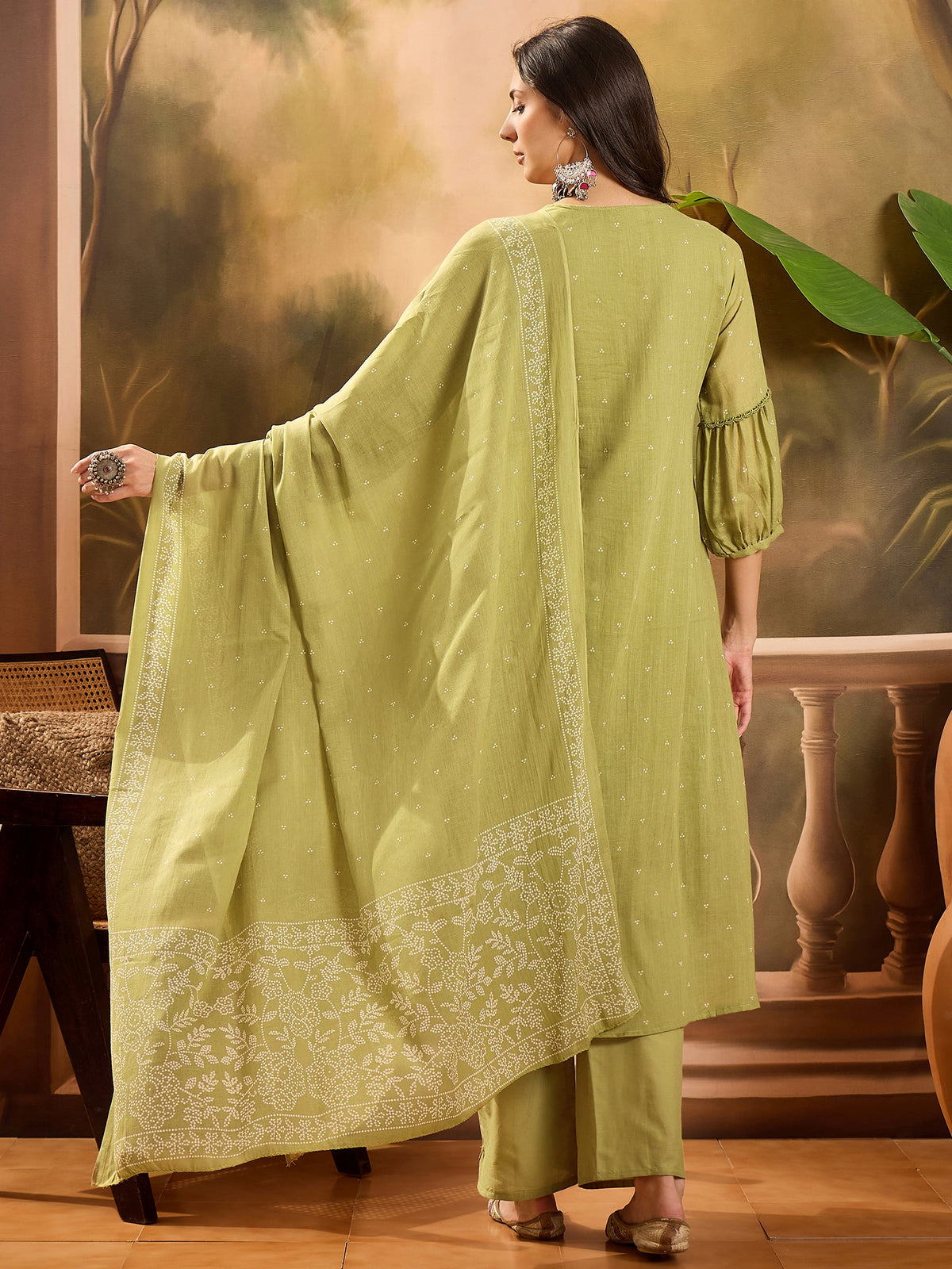 Women's Green Ethnic Motifs Embroidered Pure Cotton Anarkali Kurta & Trousers With Dupatta Set