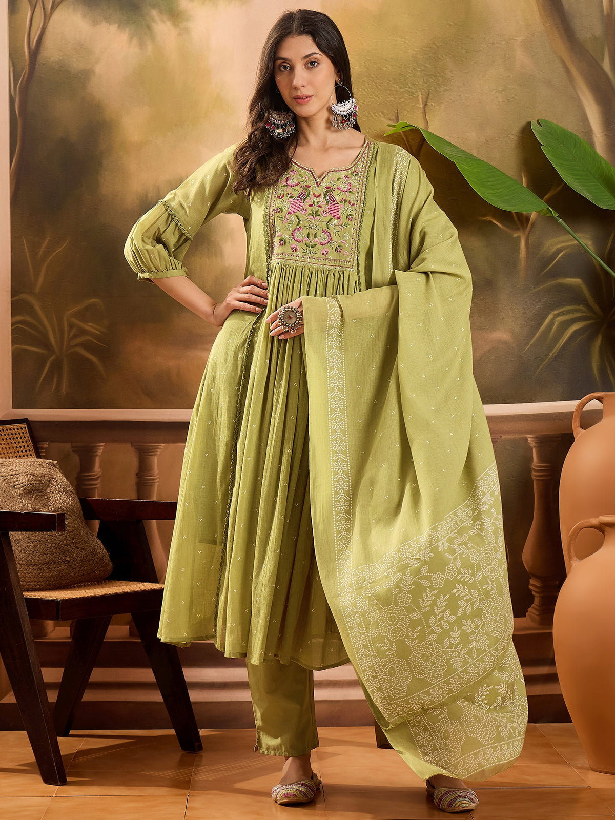 Women's Green Ethnic Motifs Embroidered Pure Cotton Anarkali Kurta & Trousers With Dupatta Set