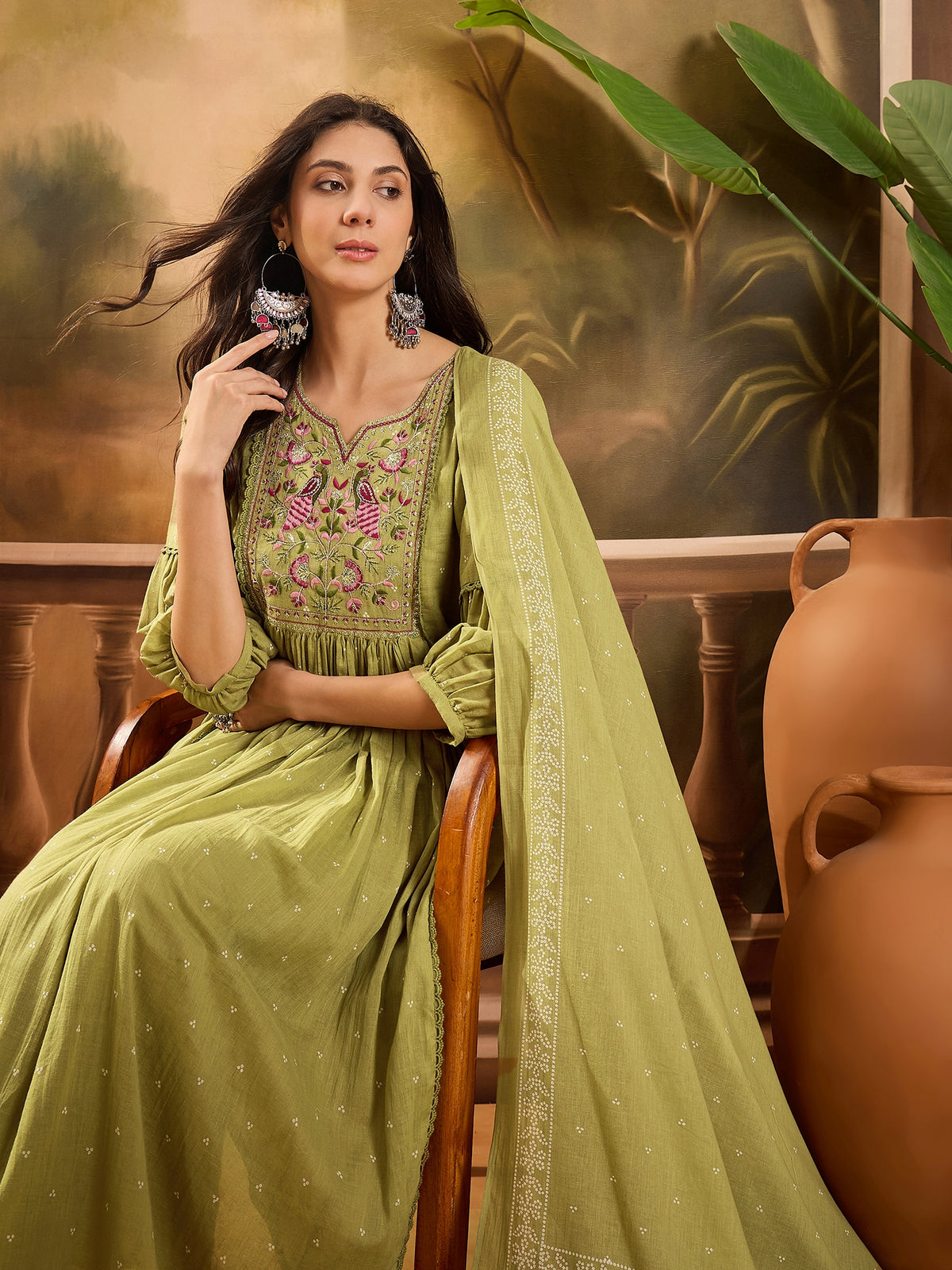 Women's Green Ethnic Motifs Embroidered Pure Cotton Anarkali Kurta & Trousers With Dupatta Set