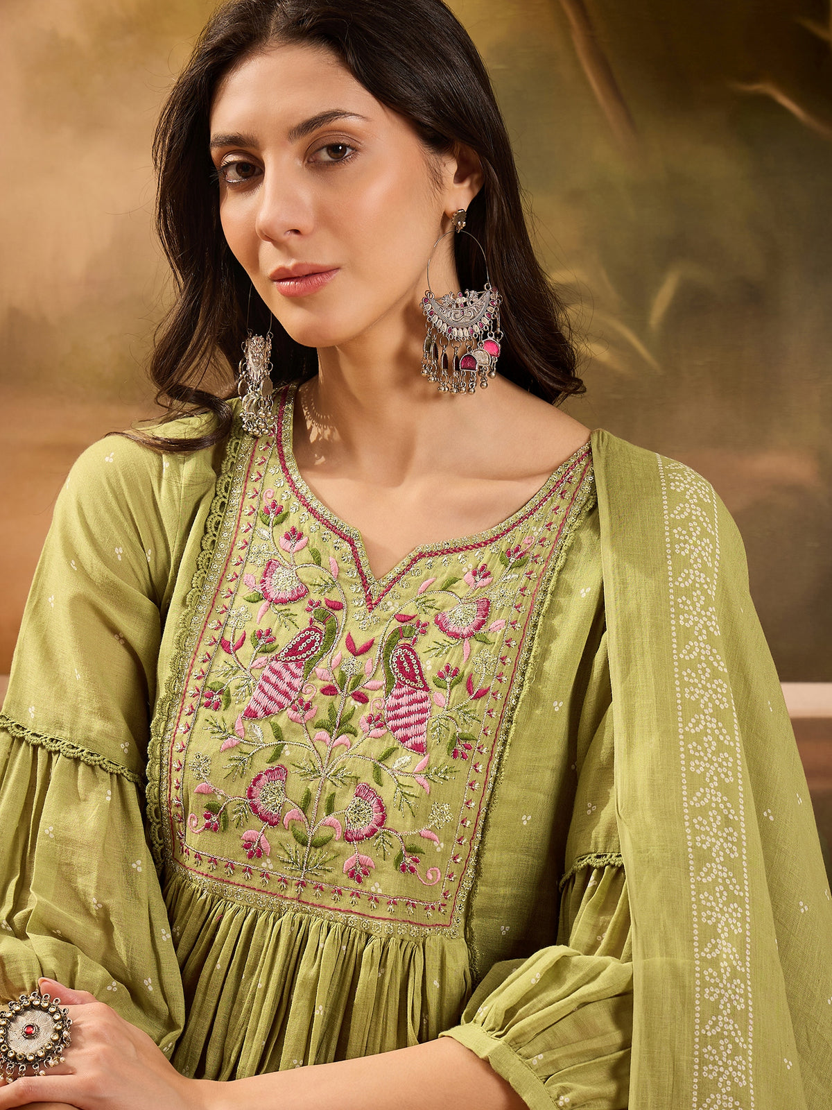 Women's Green Ethnic Motifs Embroidered Pure Cotton Anarkali Kurta & Trousers With Dupatta Set