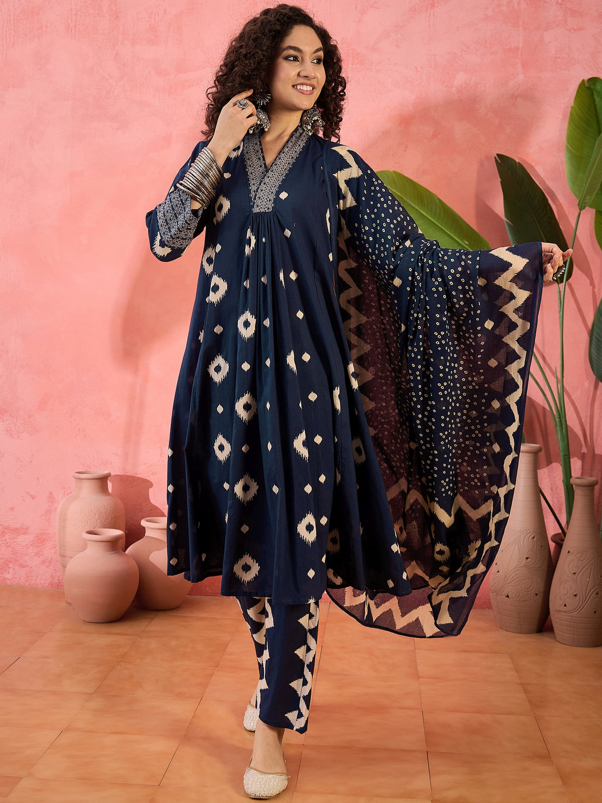 Women's Navy Blue Geometric Print Pure Cotton A-Line Kurta & Trousers With Dupatta Set
