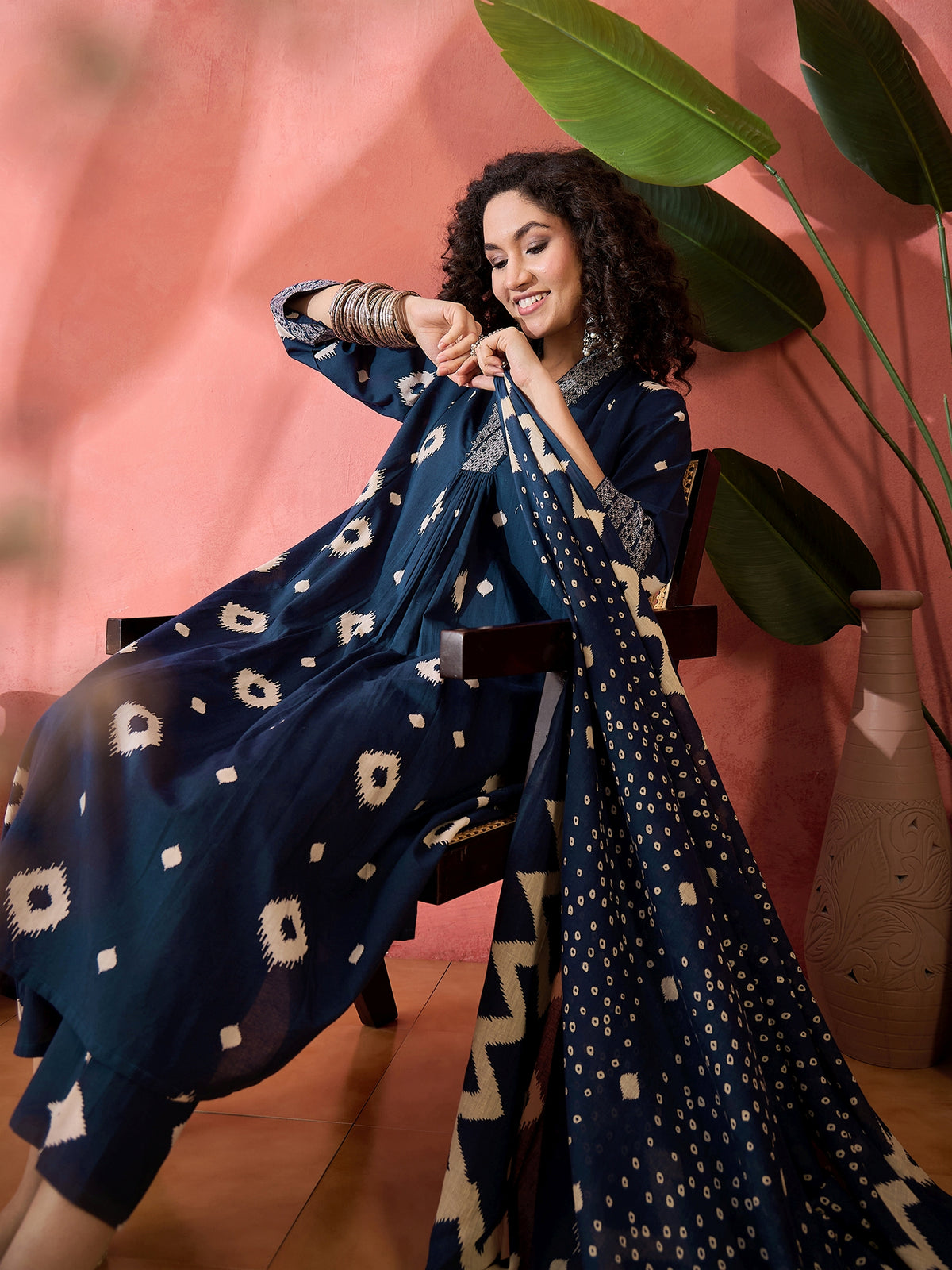 Women's Navy Blue Geometric Print Pure Cotton A-Line Kurta & Trousers With Dupatta Set