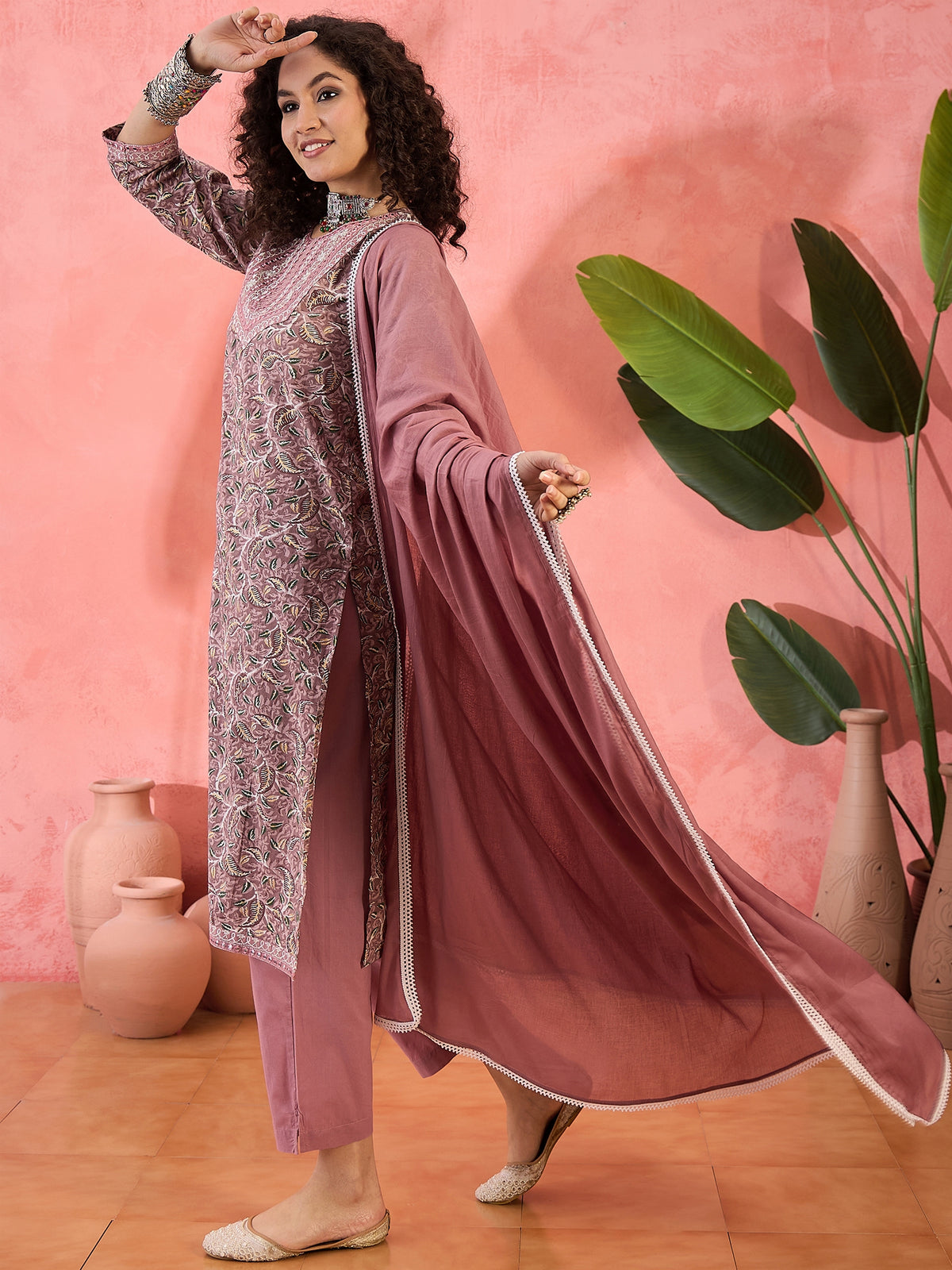 Women's Floral Printed Mirror Work Pure Cotton Straight Kurta With Trousers & Dupatta Set