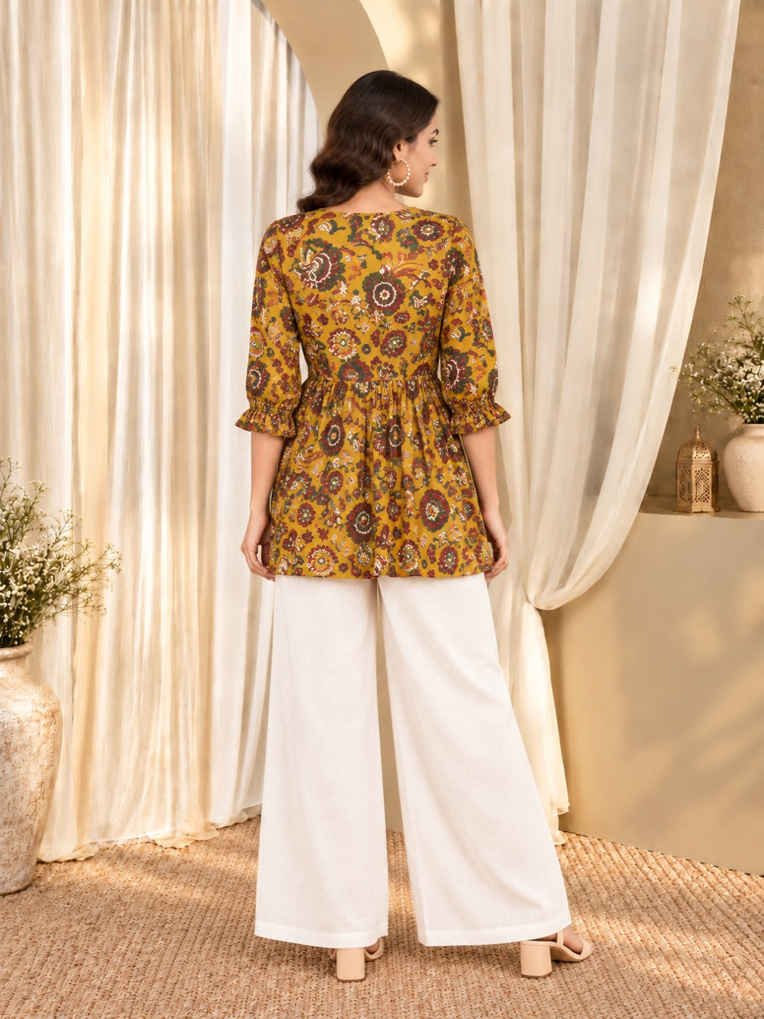 Floral Print Mandarin Collar Ethnic Cotton Peplum Top