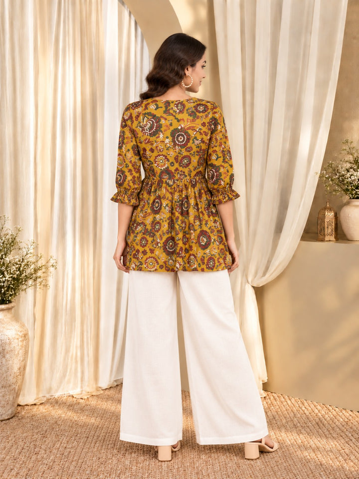 Floral Print Mandarin Collar Ethnic Cotton Peplum Top