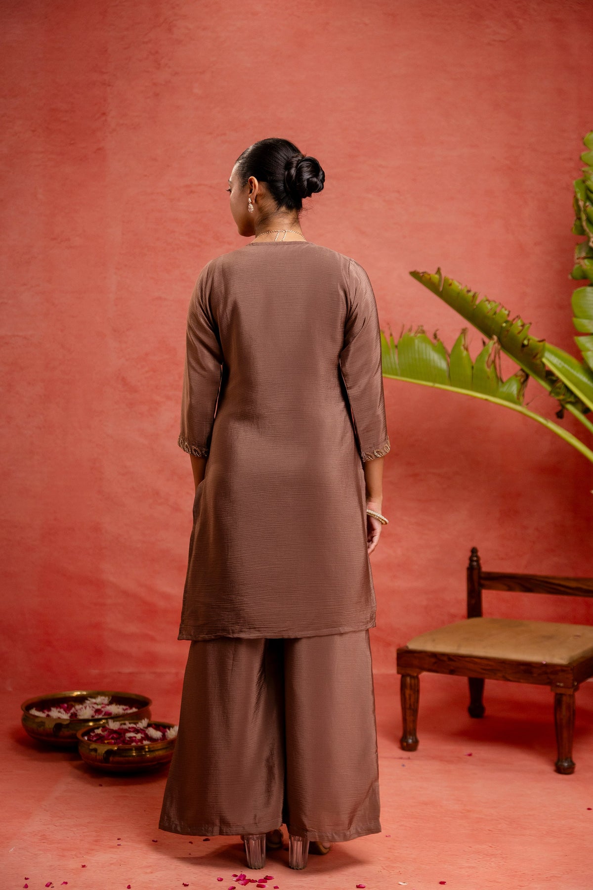 Women's Mauve Embroidered Kurta With Sharara & Dupatta Set