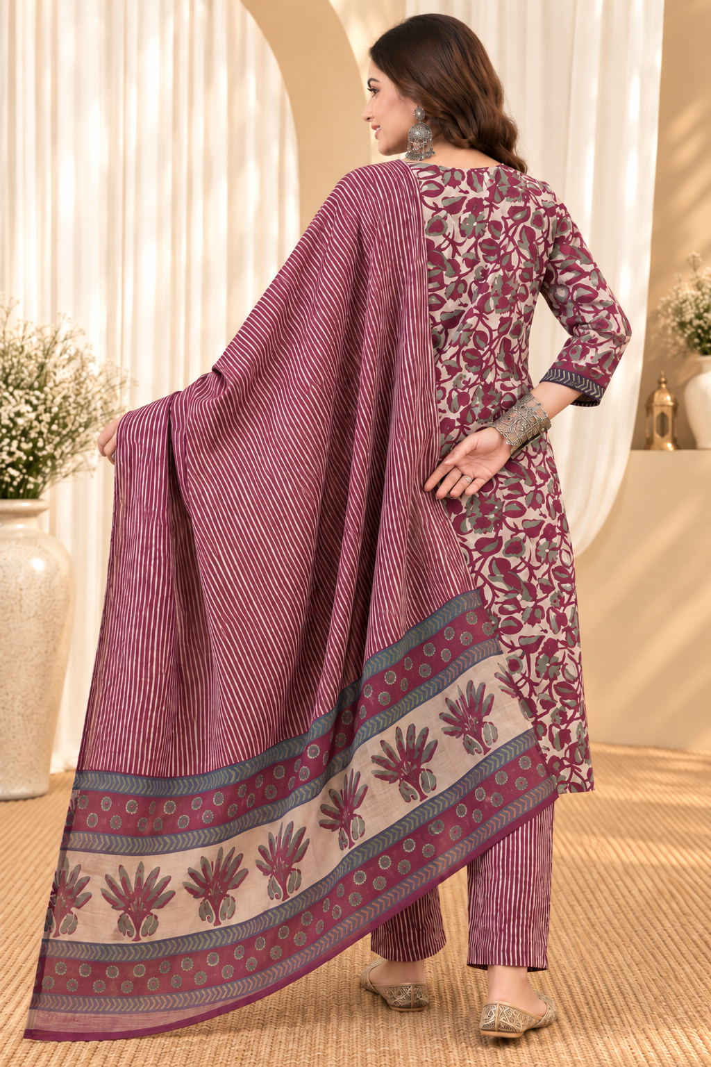 Women's Maroon & Pink Cotton Floral Print Kurta & Trousers With Dupatta Set