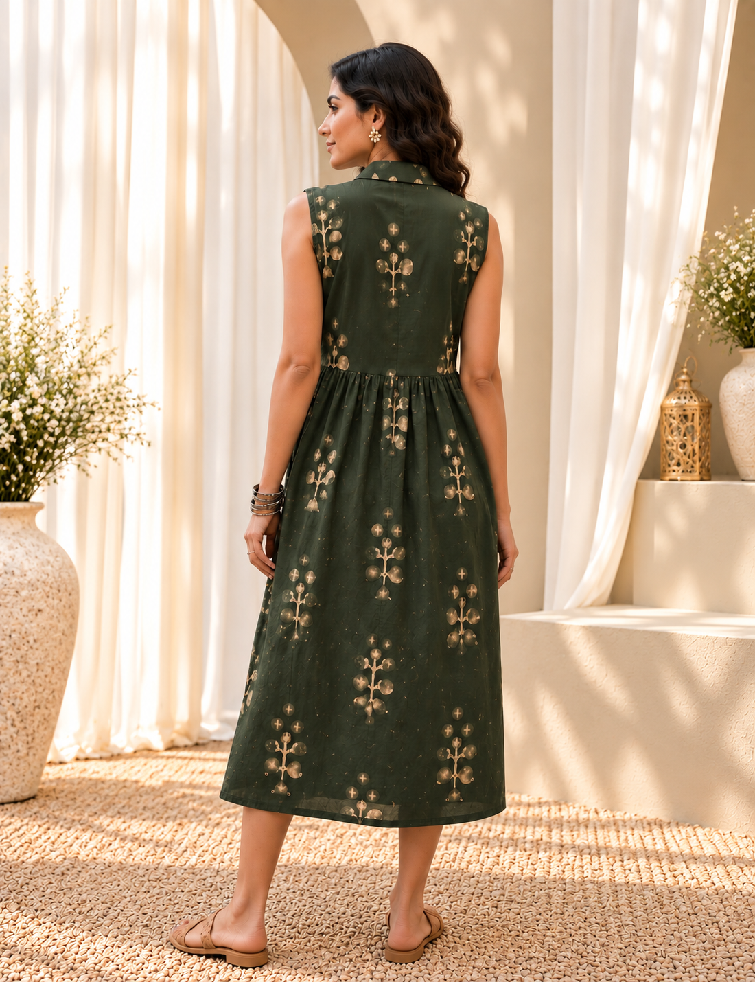Women's Green Floral Print Tiered Midi Dress