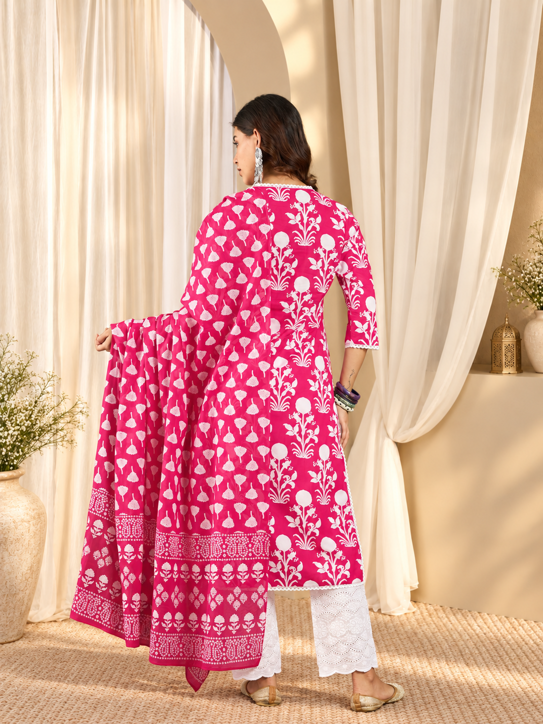 Women's Pink Floral Printed Regular Thread Work Pure Cotton Kurta With Trousers & Dupatta Set
