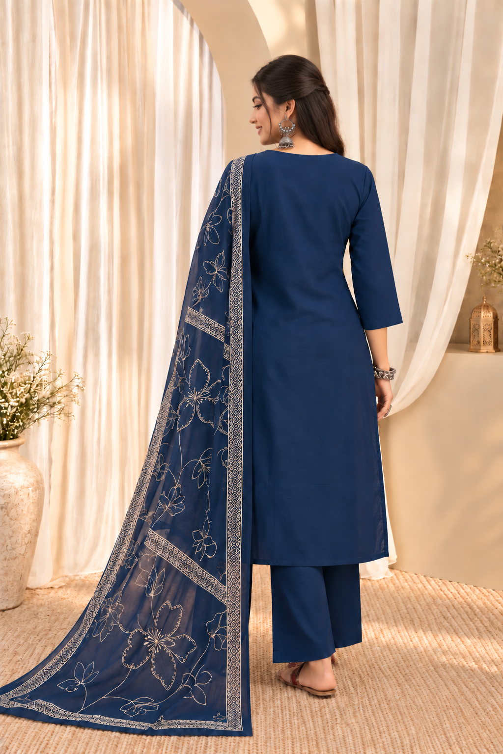 Women's Blue Cotton Floral Print Kurta & Trousers With Dupatta Set