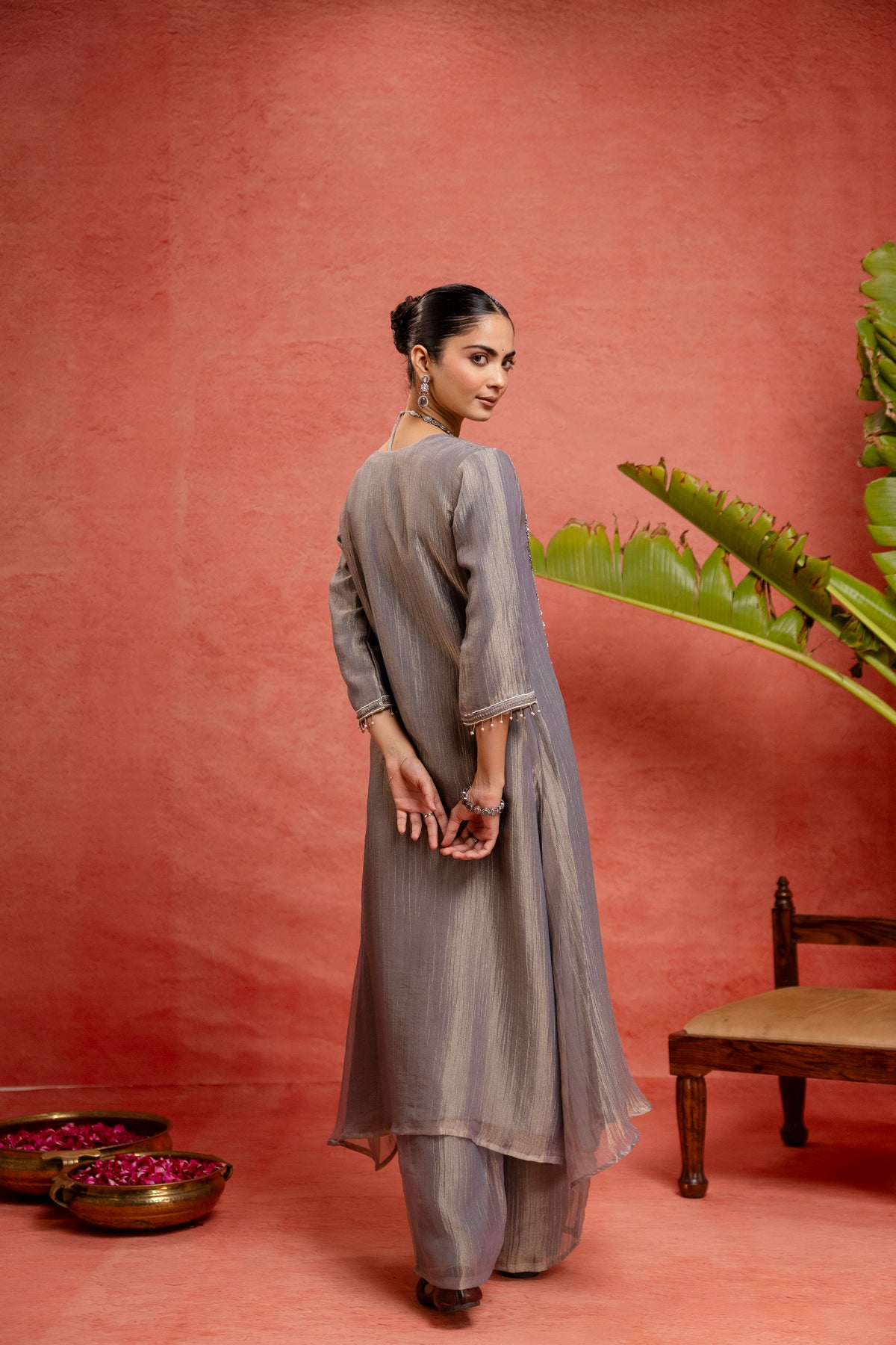 Women's Grey Embroidered Kurta & Trousers With Dupatta Set