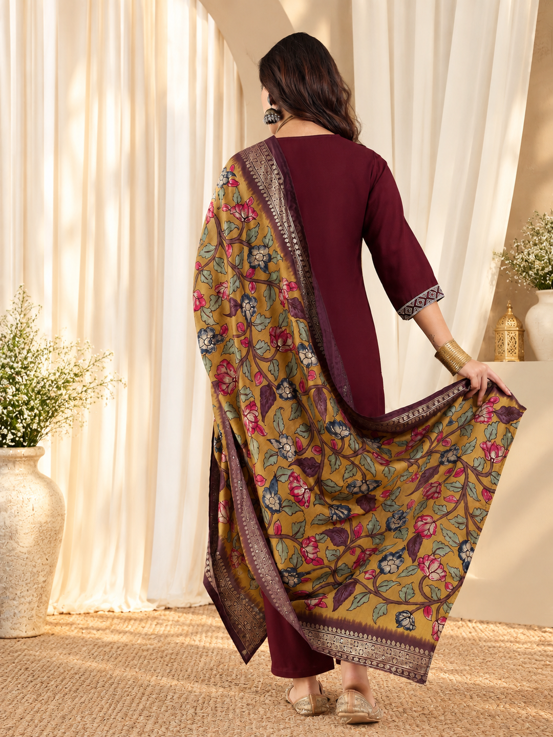 Embroidered Straight Kurta With Trouser &amp; Dupatta Set
