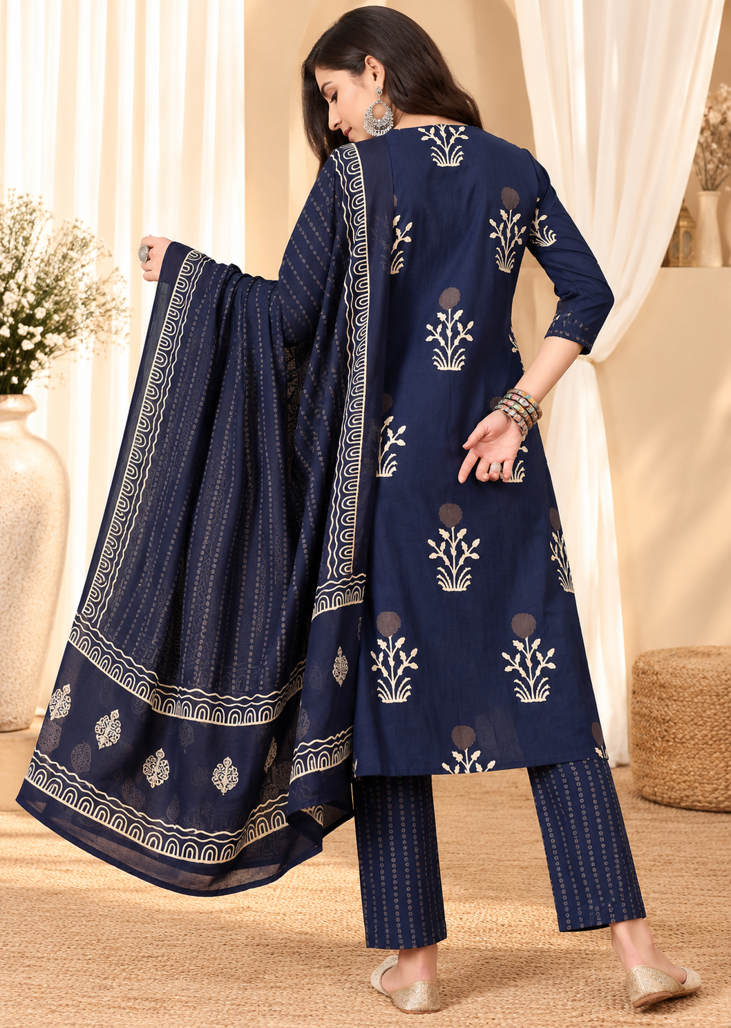 Women's Navy Blue Floral Print Straight Kurta With Trousers & Dupatta Set