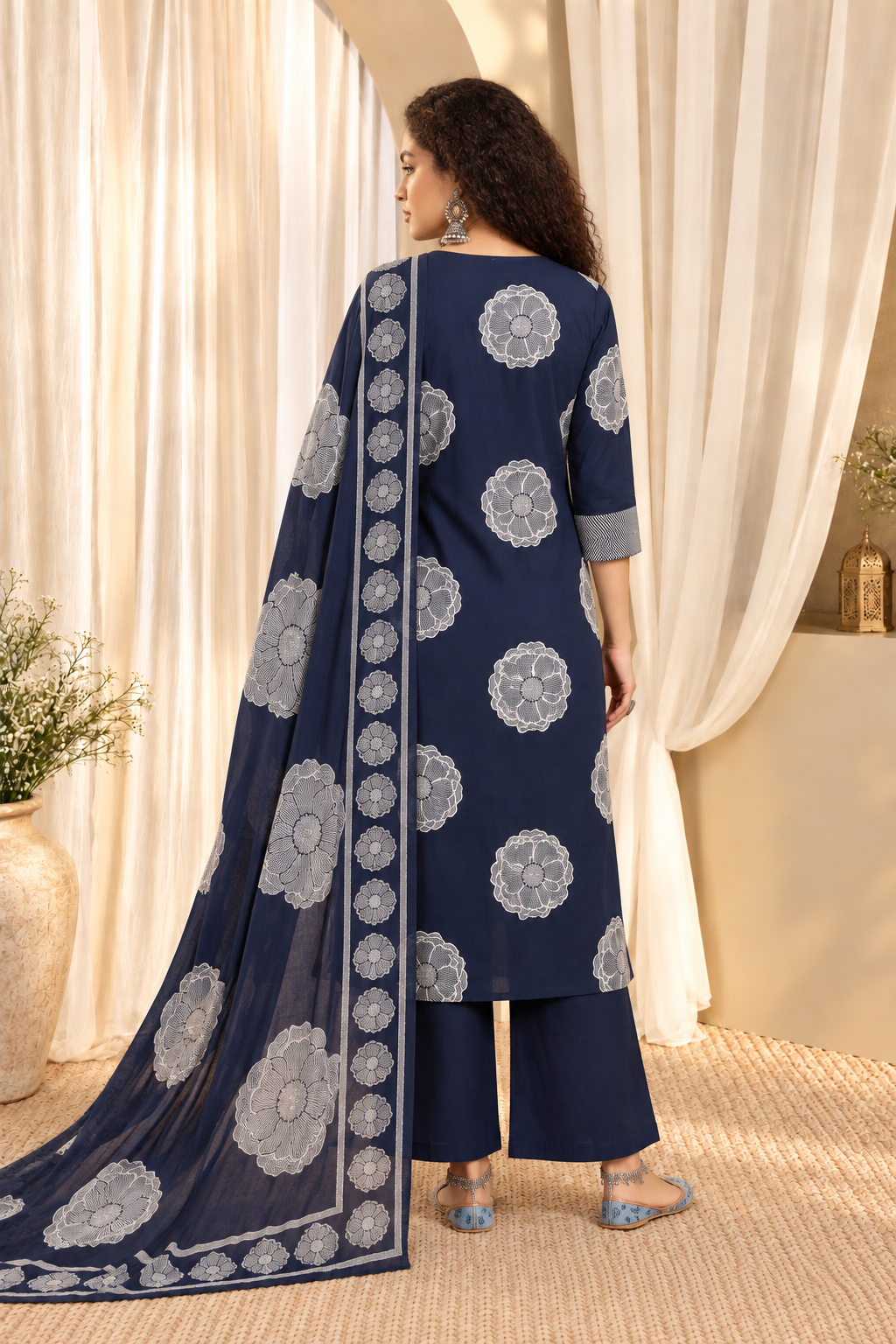 Women's Blue Printed Round Neck Straight Pure Cotton Kurta With Trousers & Dupatta Set
