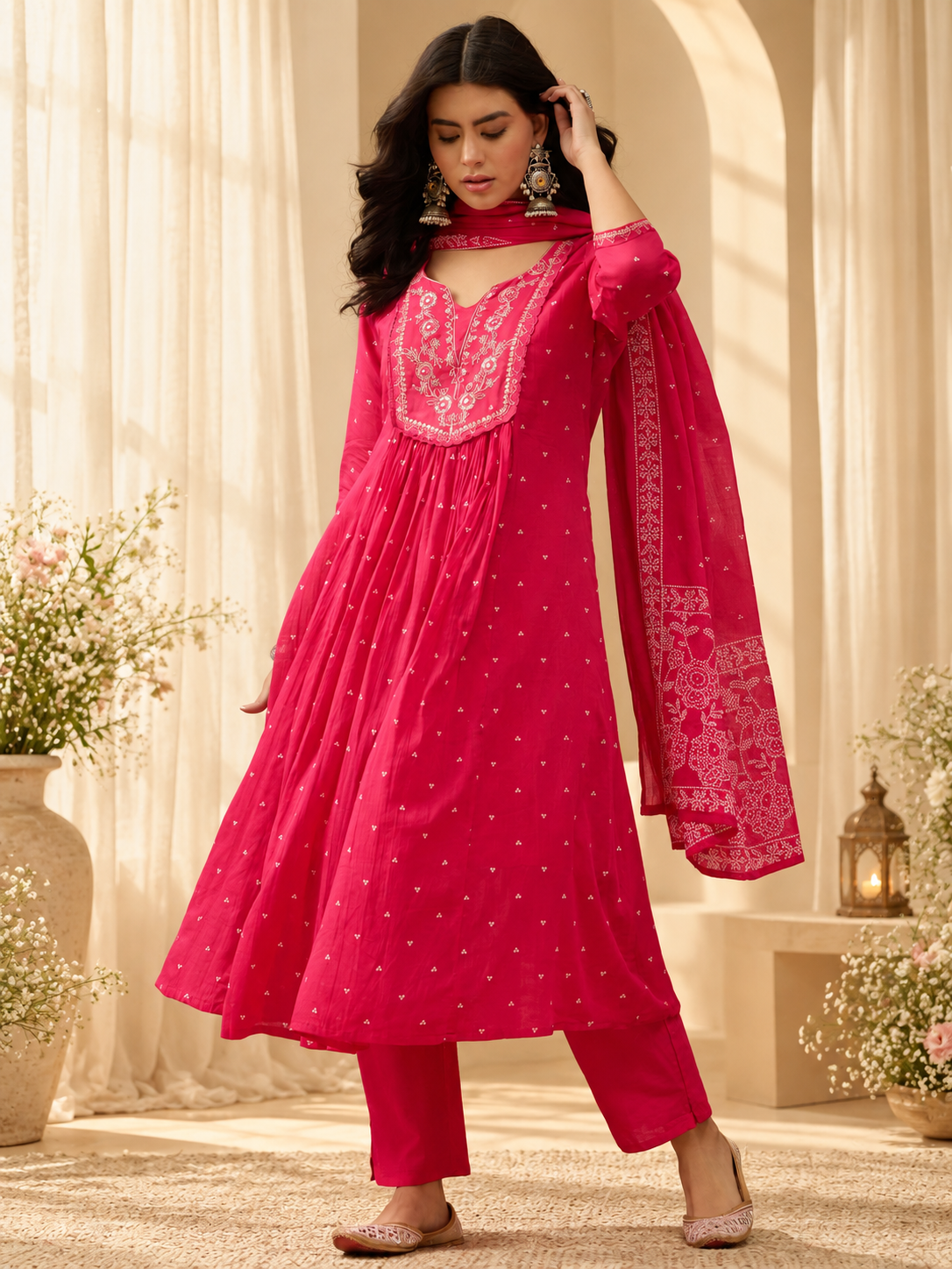 Women's Pink Printed Round Neck A-Line Kurta With Trousers & Dupatta Set