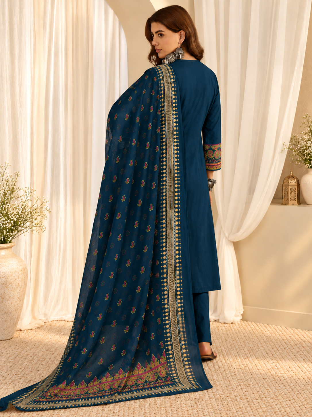 Women's Pure Cotton Embroidered Teal Blue Kurta & Pant With Dupatta Set