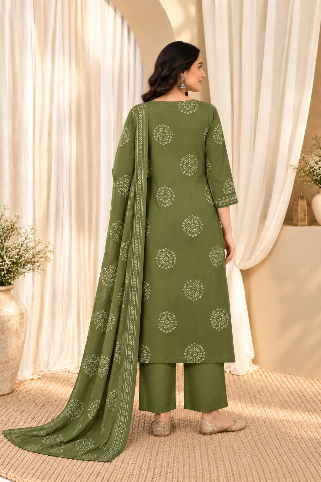 Women's Olive Green Floral Print Cotton Kurta & Trousers With Dupatta Set