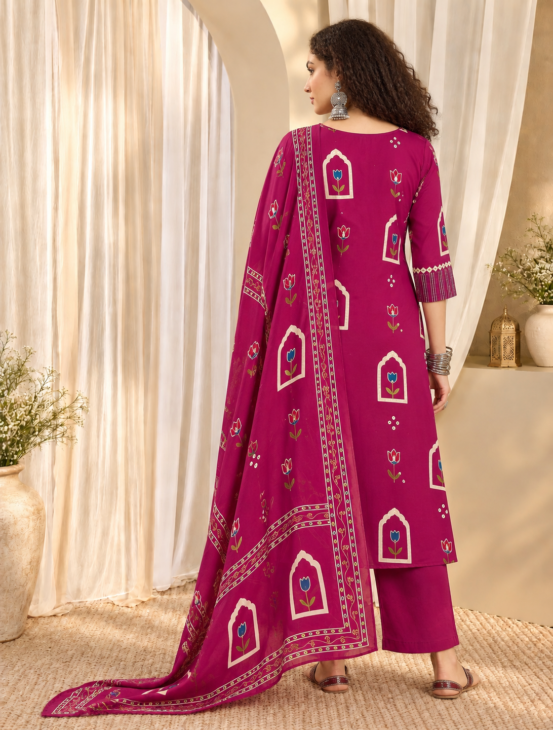 Women's Wine Printed Round Neck Kurta With Trousers & Dupatta Set