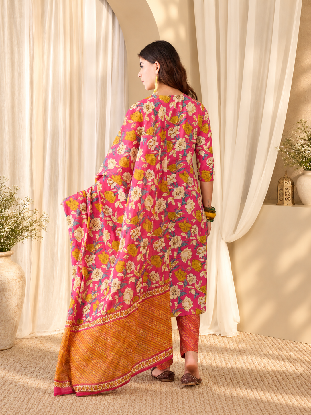 Women's Pink & Yellow Pure Cotton Floral Print Kurta & Trousers With Dupatta Set