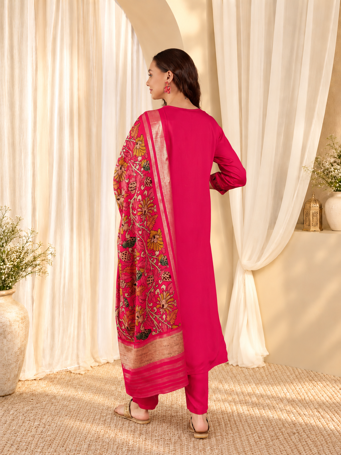 Floral Yoke Design Sequinned Straight Kurta & Trousers With Dupatta