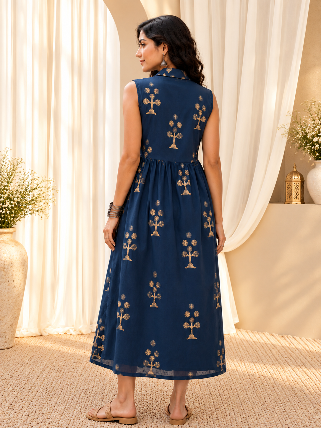 Women's Steel Blue Floral Print Tiered Midi Dress