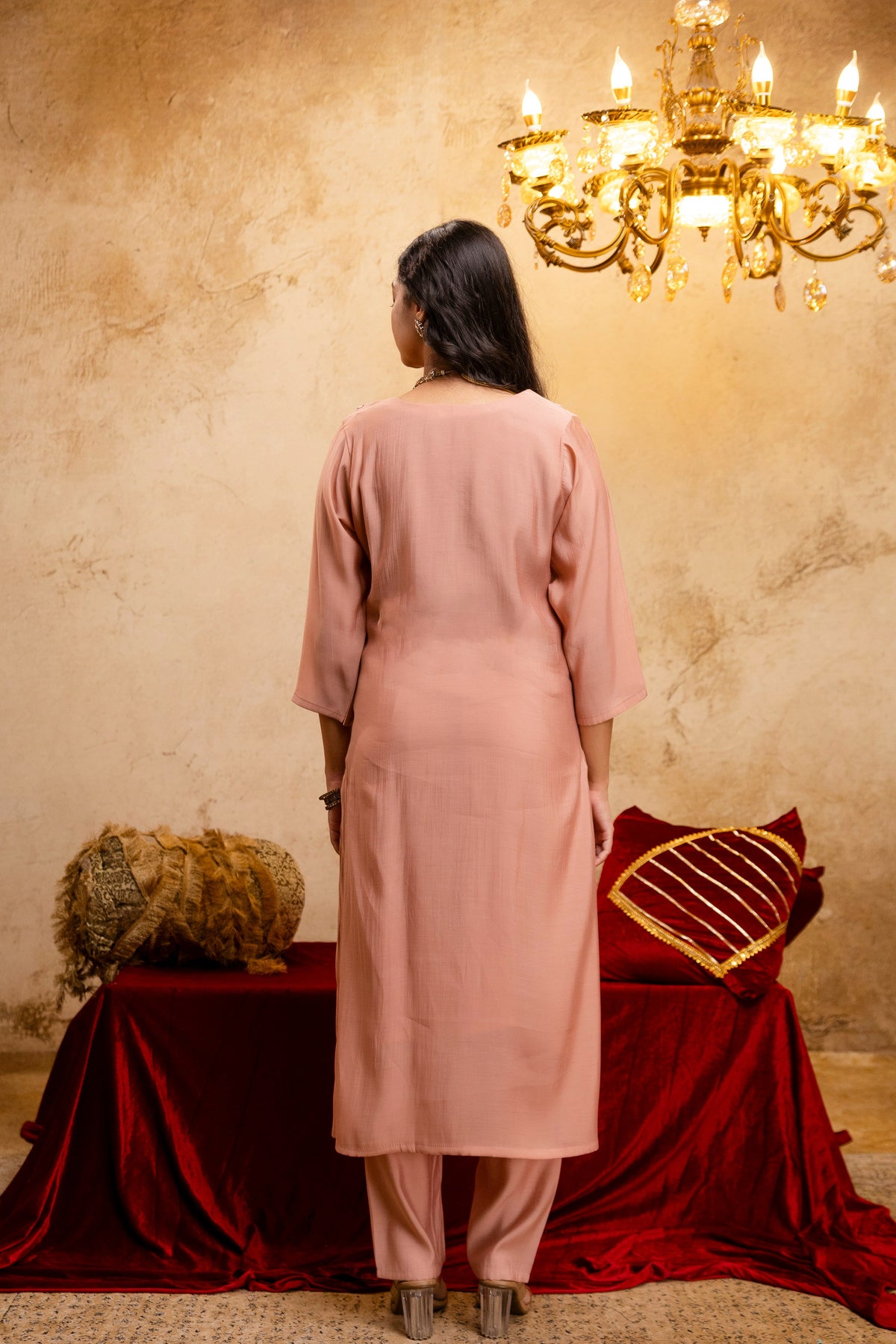 Women's Peach Embroidered Straight Kurta & Trousers With Dupatta Set