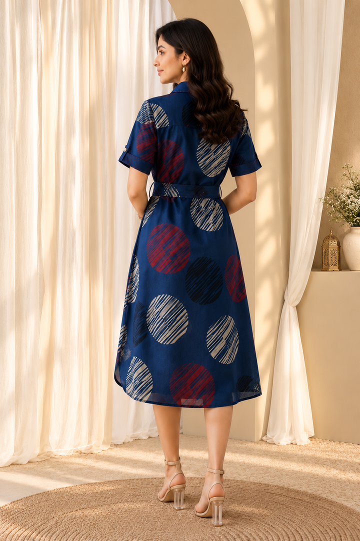 Women Navy Blue Printed Shirt Collar Midi Dress