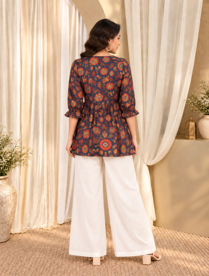 Navy Blue Floral Print Mandarin Collar Cotton Top