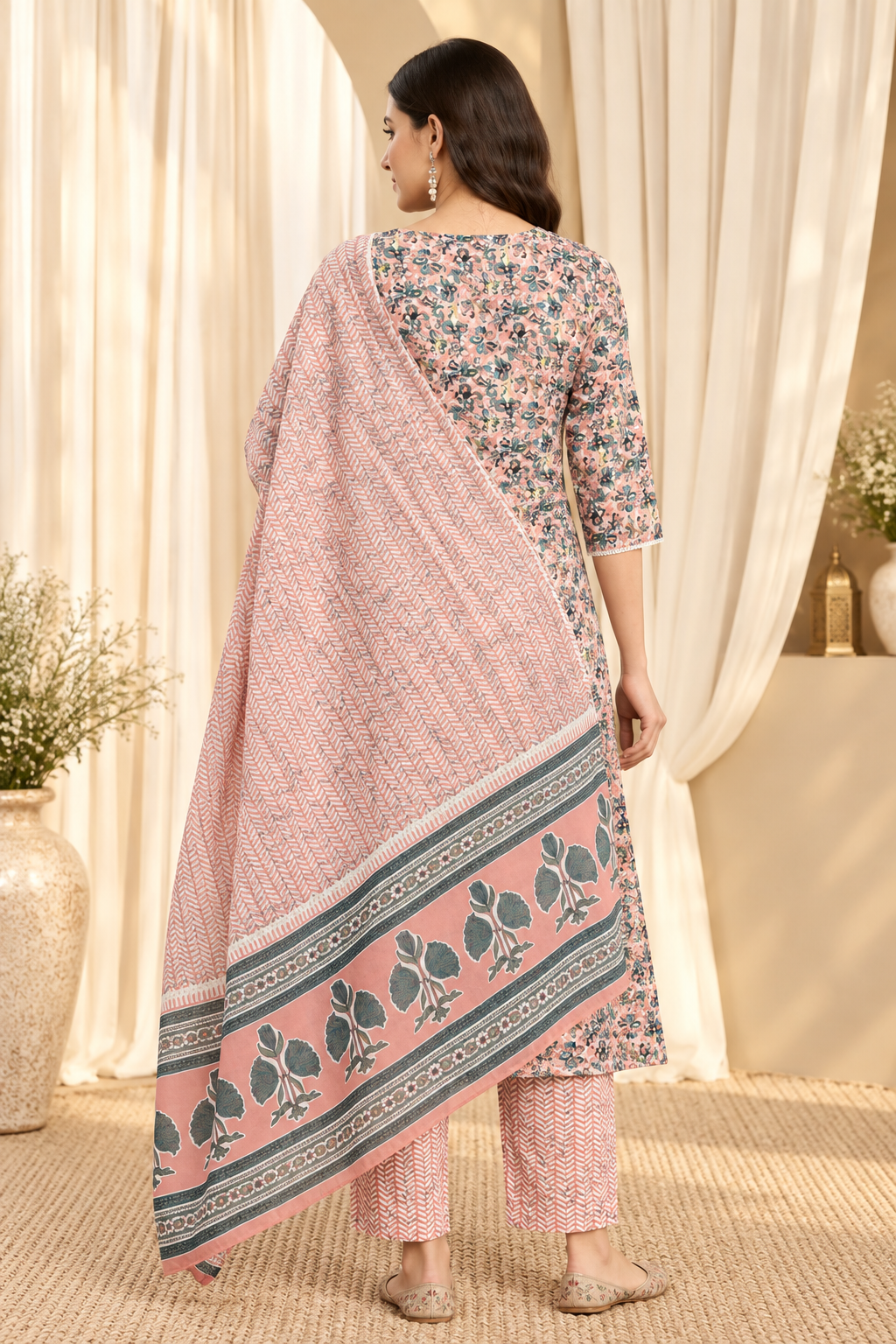 Peach &amp; Blue Floral-Printed Pure-Cotton Straight Kurta With Trouser &amp; Dupatta