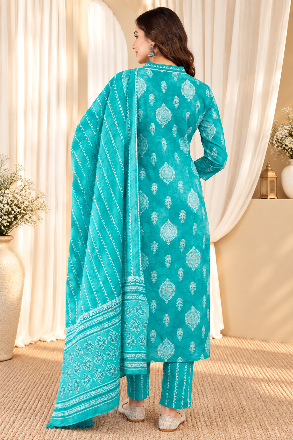 Women's Turquoise Blue Ethnic Motifs Printed Pure Cotton V-Neck Kurta With Trousers & Dupatta Set