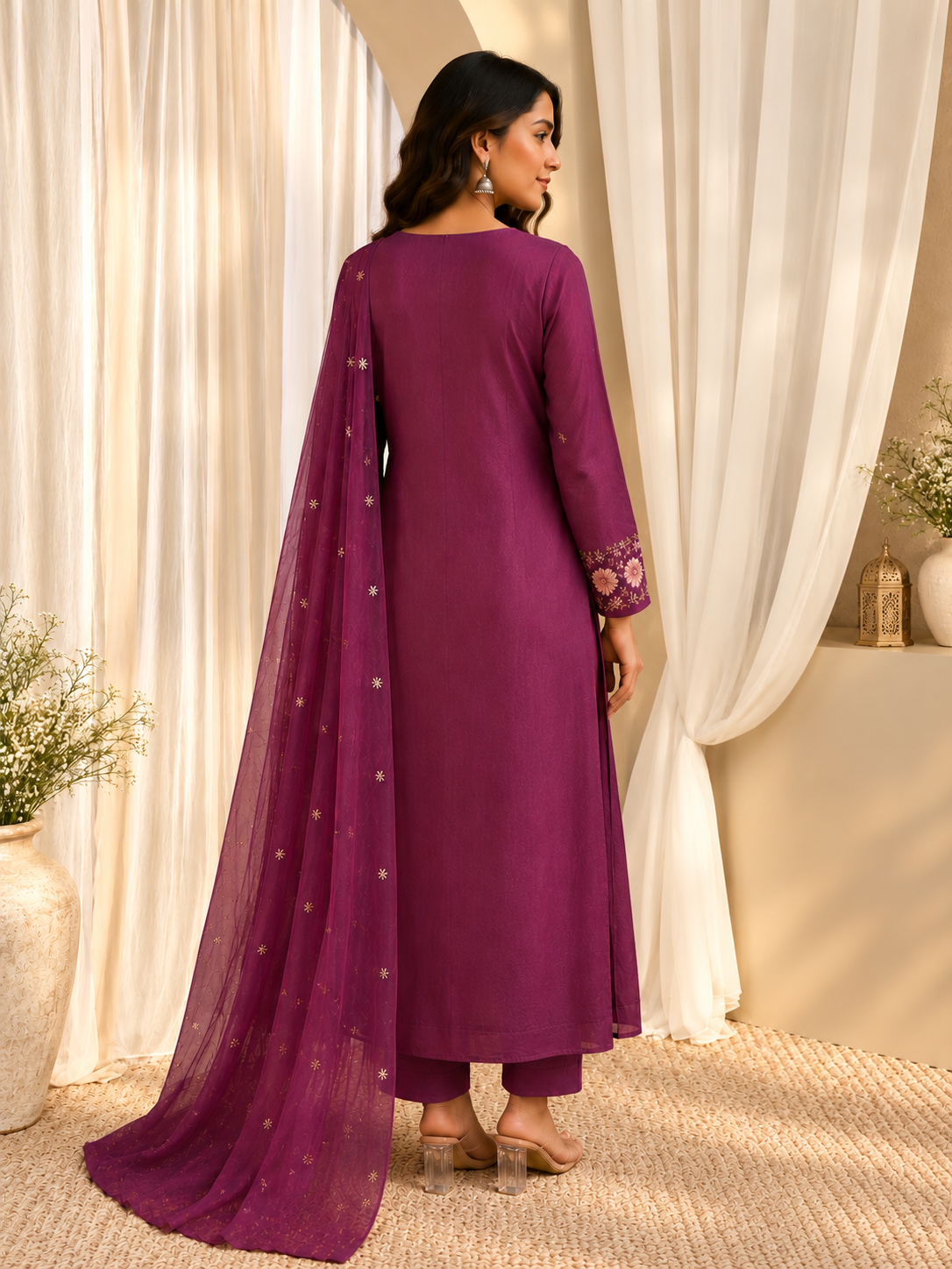 Women's Mauve Pink Embroidered Cotton Kurta With Pant & Dupatta Set