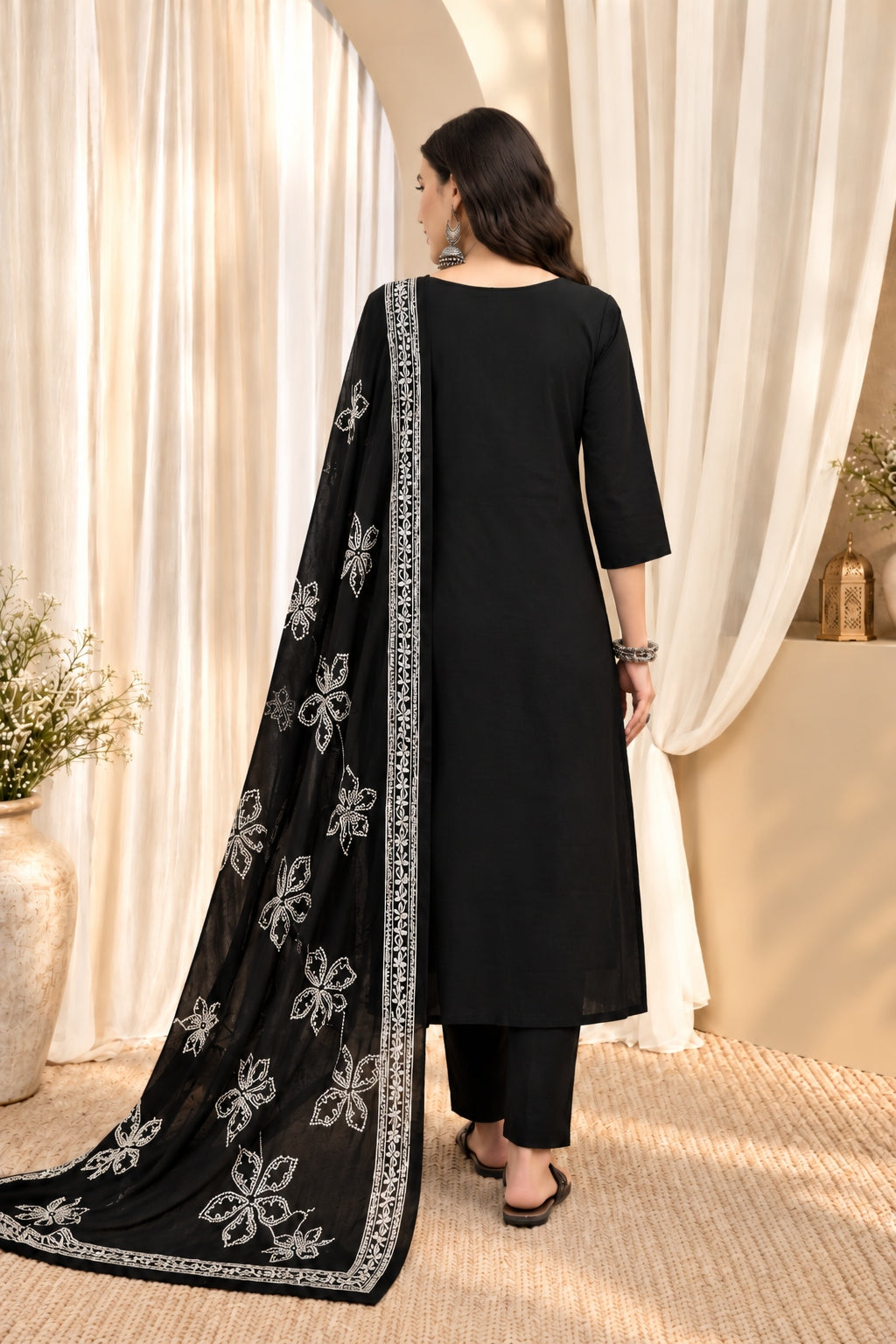 Women's Black Cotton Floral Print Kurta & Trousers With Dupatta Set
