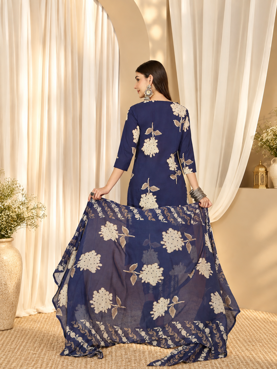 Women's Navy Blue Cotton Floral Print Kurta & Trousers With Dupatta Set