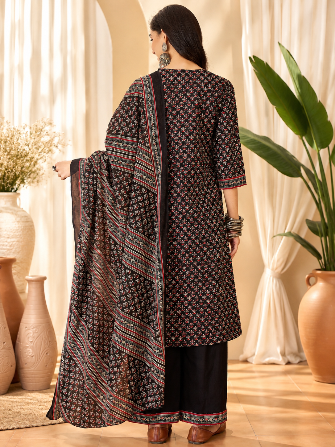 Women's Black Floral Print Sequinned V-Neck Straight Kurta With Trousers & Dupatta Set