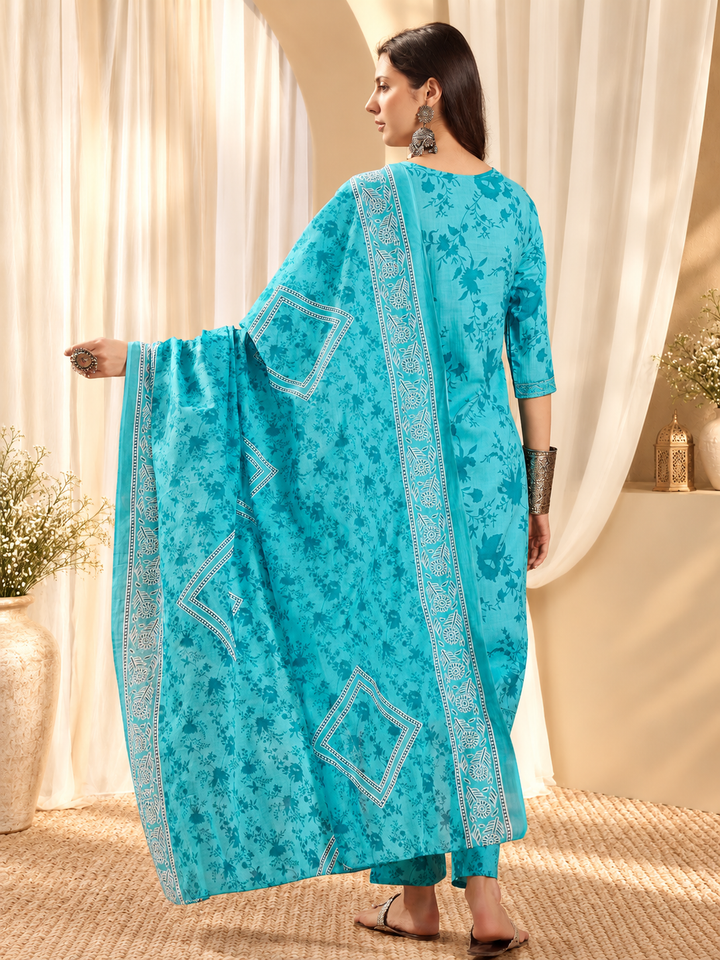 Women Floral Printed Cotton Kurta with Trousers &amp; Dupatta