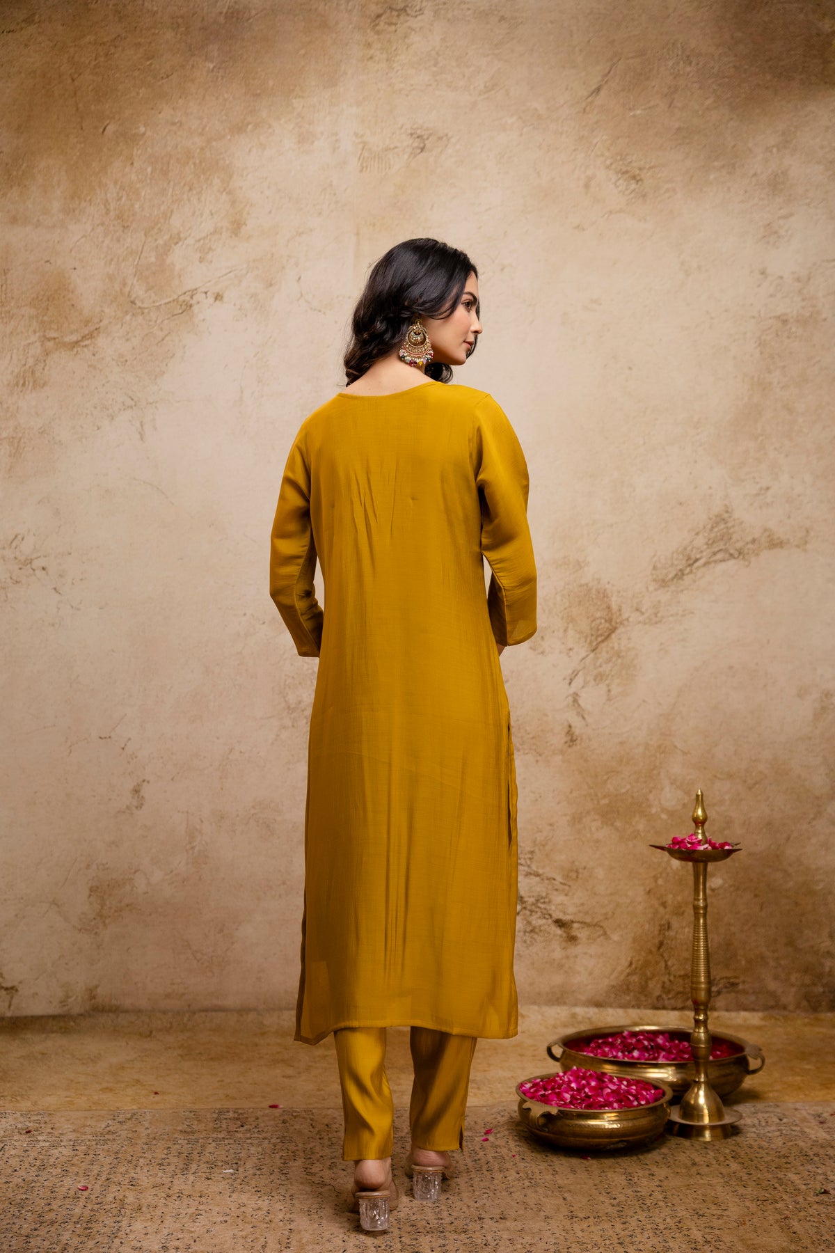 Women's Mustard Embroidered Straight Kurta & Trousers With Dupatta Set
